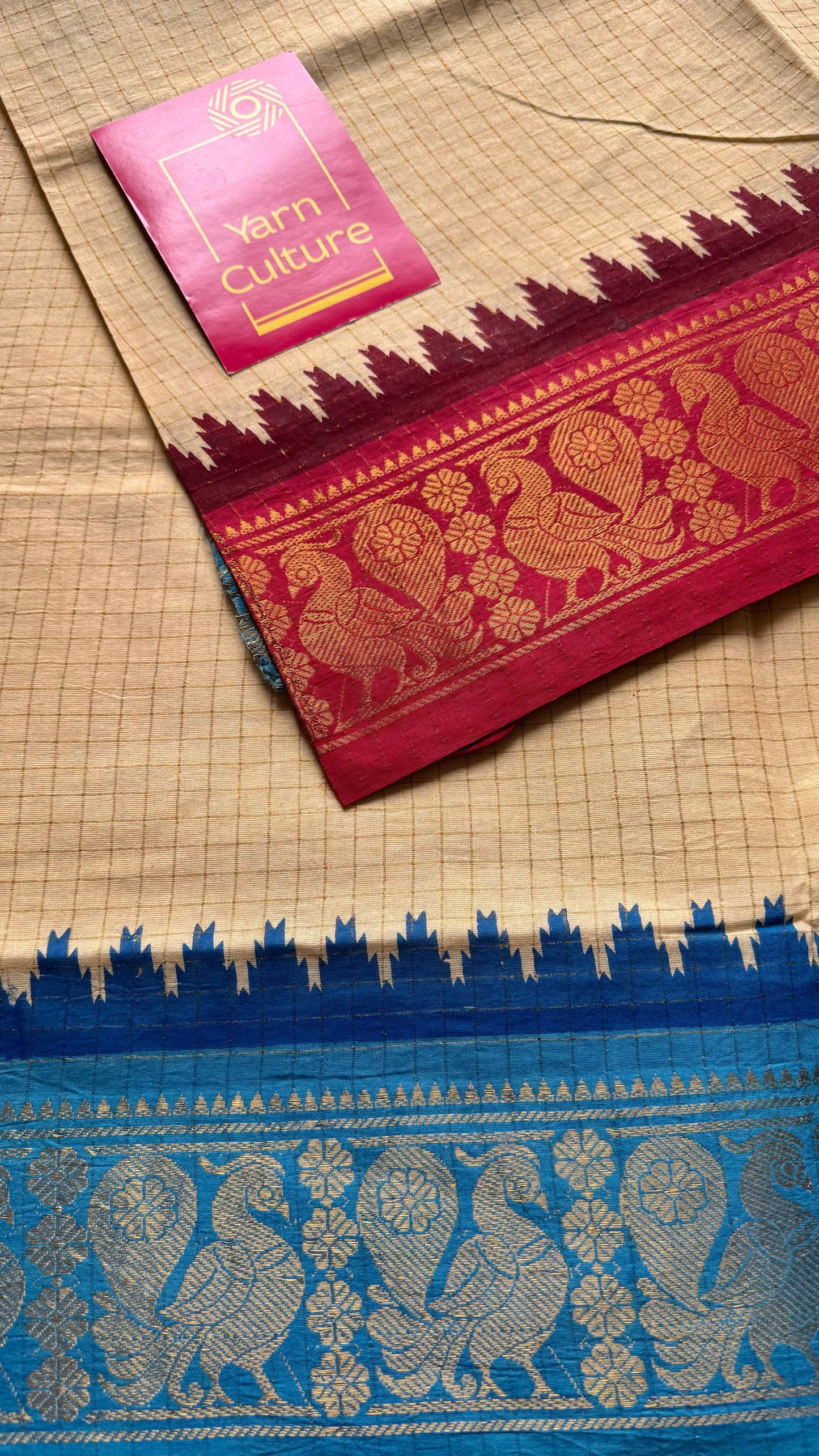 Blue - maroon sungudi cotton checks, sandal colour base, soft cotton - YCCOTNJSUN02