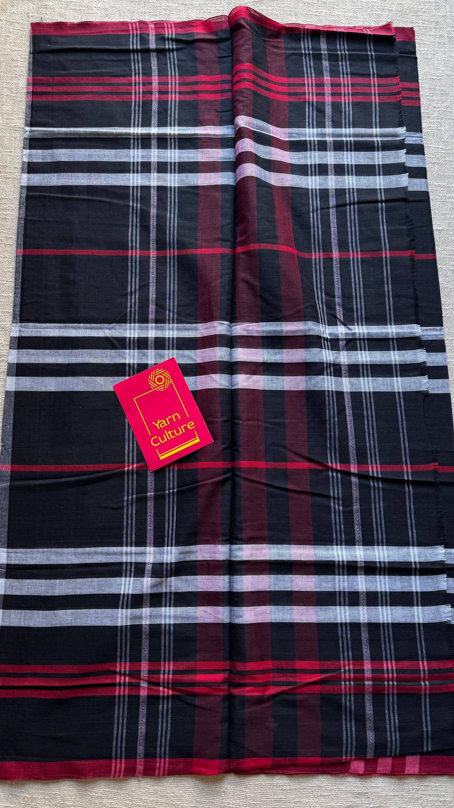 Dhonekhali handloom soft cotton saree, black with white and red big checks - YCBCDFE248