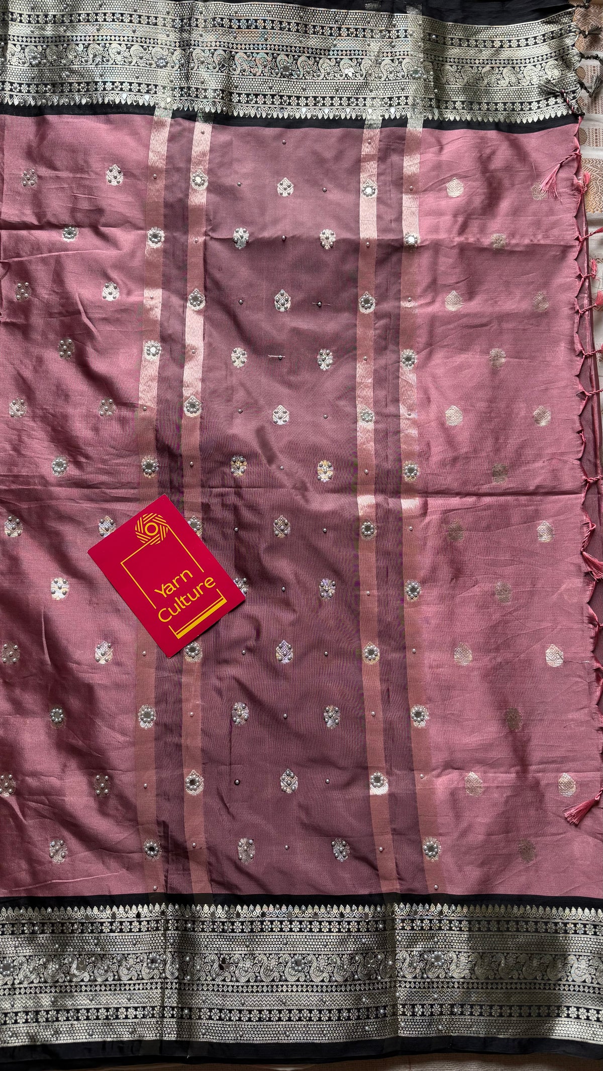 Dusty pink with black silver zari Banarasi semi-katan silk saree with pearl embellishments - YCBLTOC92