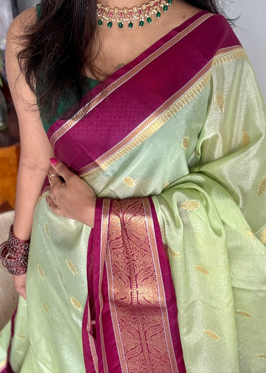 Pista green with maroon border, Banarasi semi-silk - YCDESE05