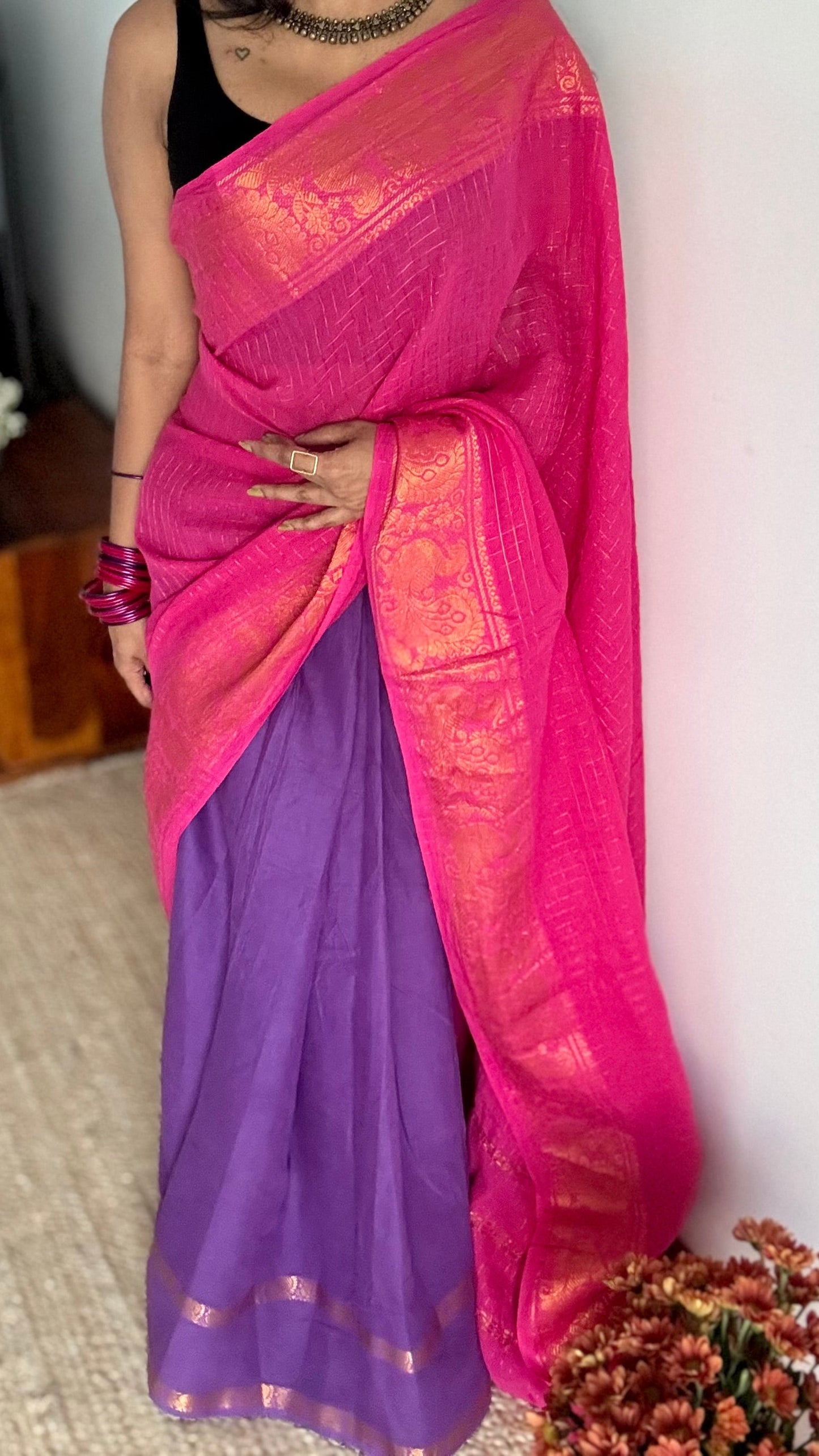 Alli (அல்லி) : pink with purple, sungudi cotton - YCENOID01