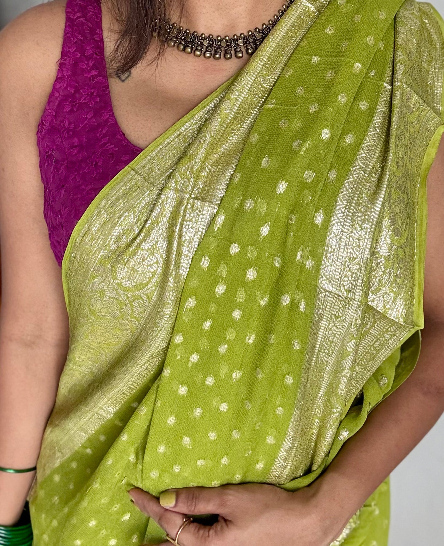 Lime green viscose georgette saree with zari motifs - YCDOSFE204