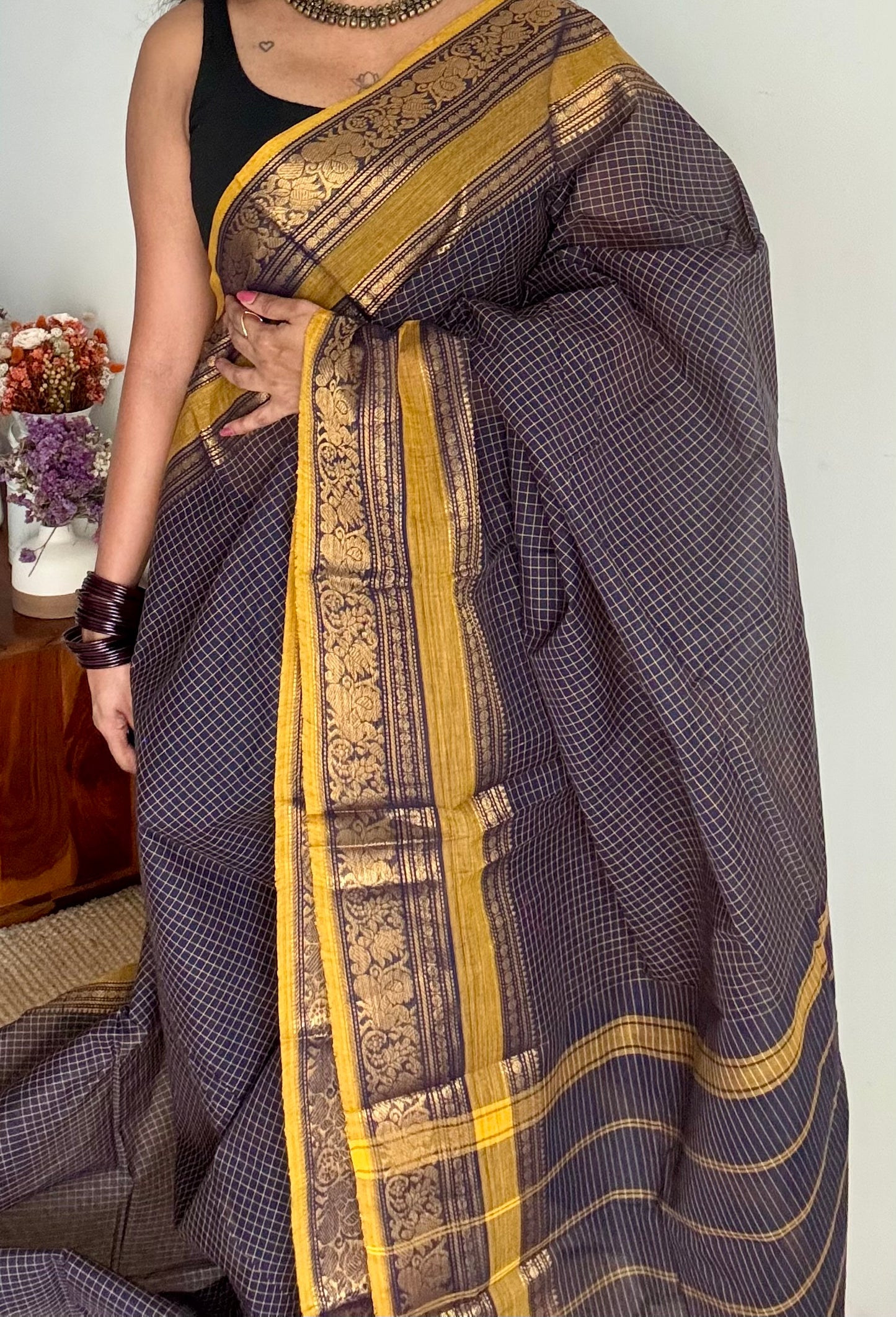 Kanchi cotton saree, dark blue checks with korvai border - YCCOTNAP72