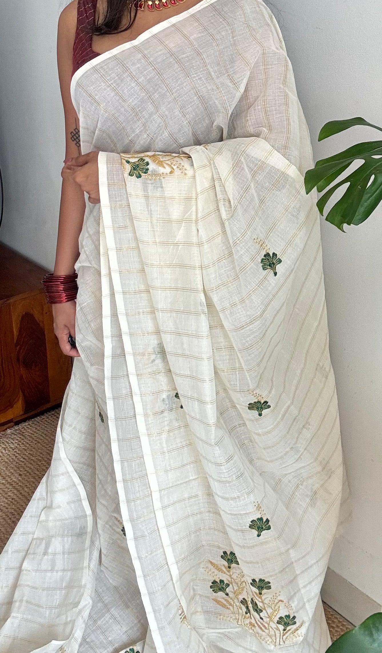 Ivory and gold soft cotton saree, dark green floral embroidery  - YCIEON51