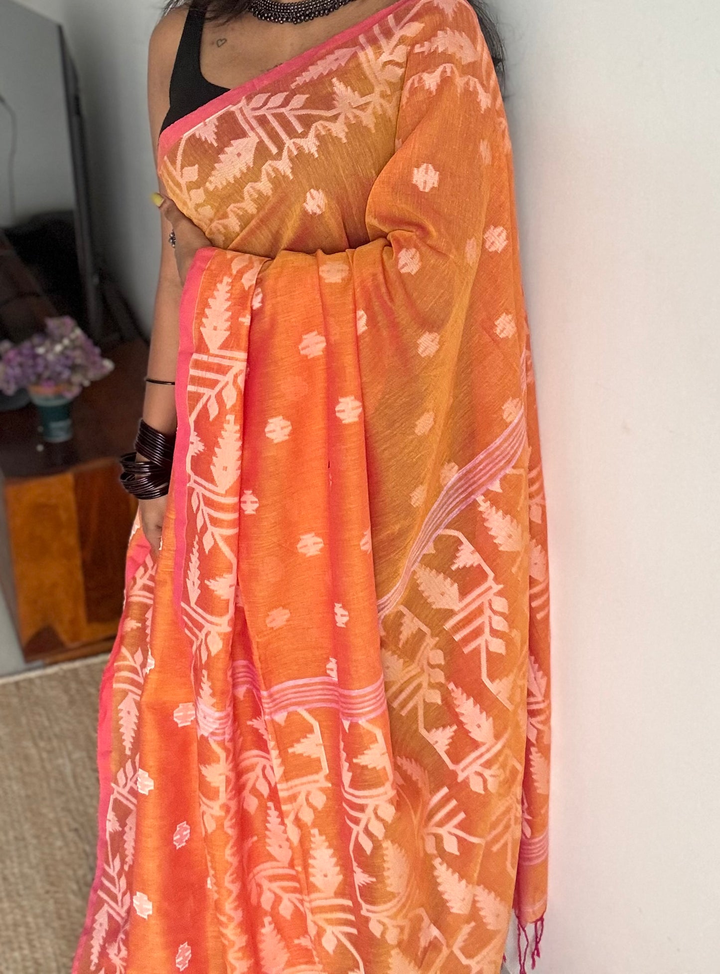 Orange pink double tone jamdani in soft cotton - YCBCKJJA140