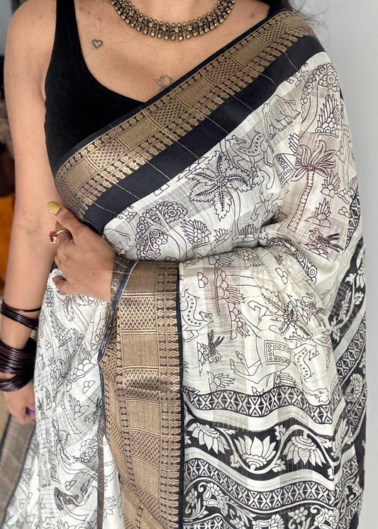 Off white and black, printed kalamkari, semi-tussar - YCWOTDSTK09