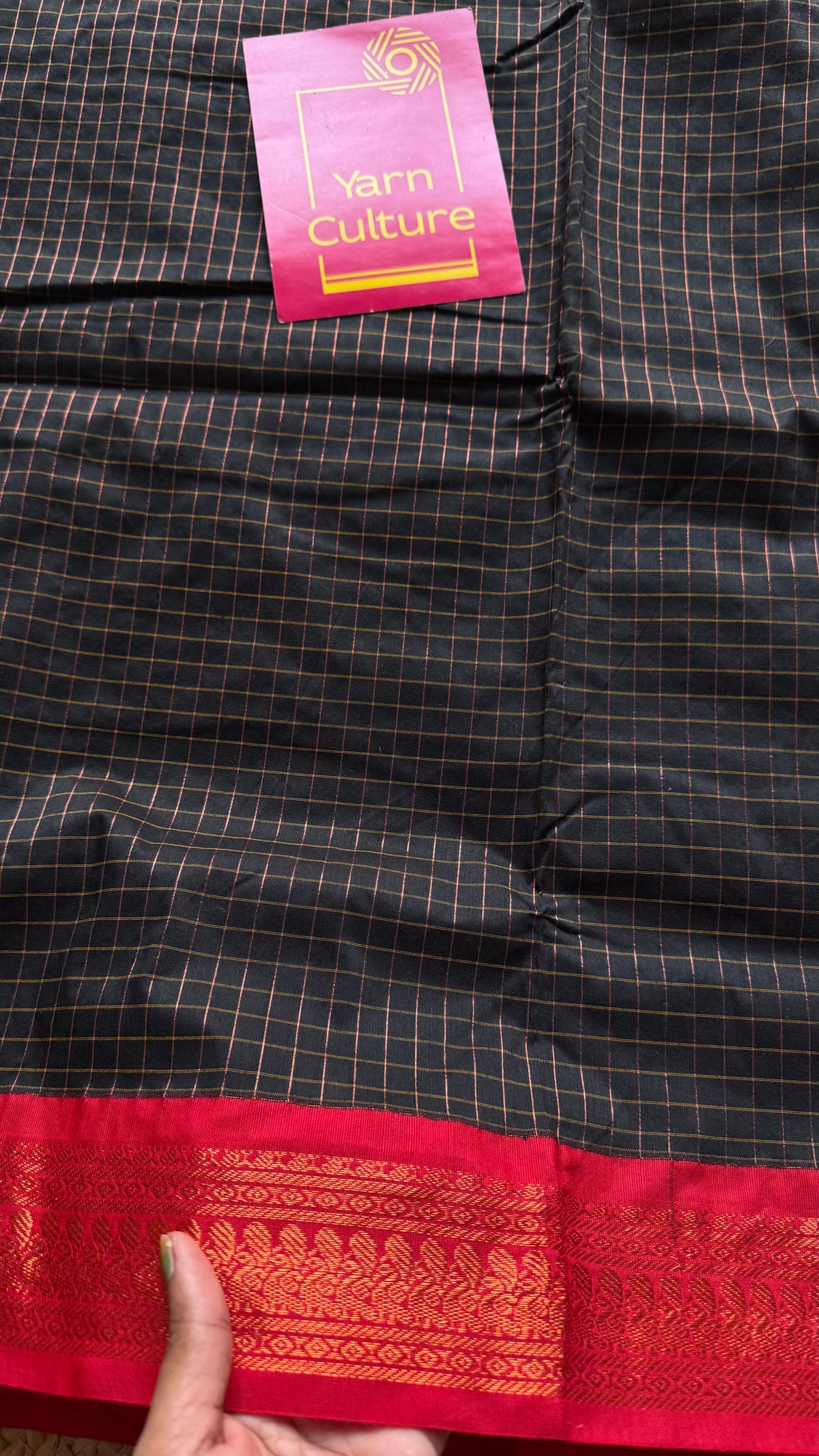 Black with red, zari checkered saree, cotton silk - YCCOTNKCOC104