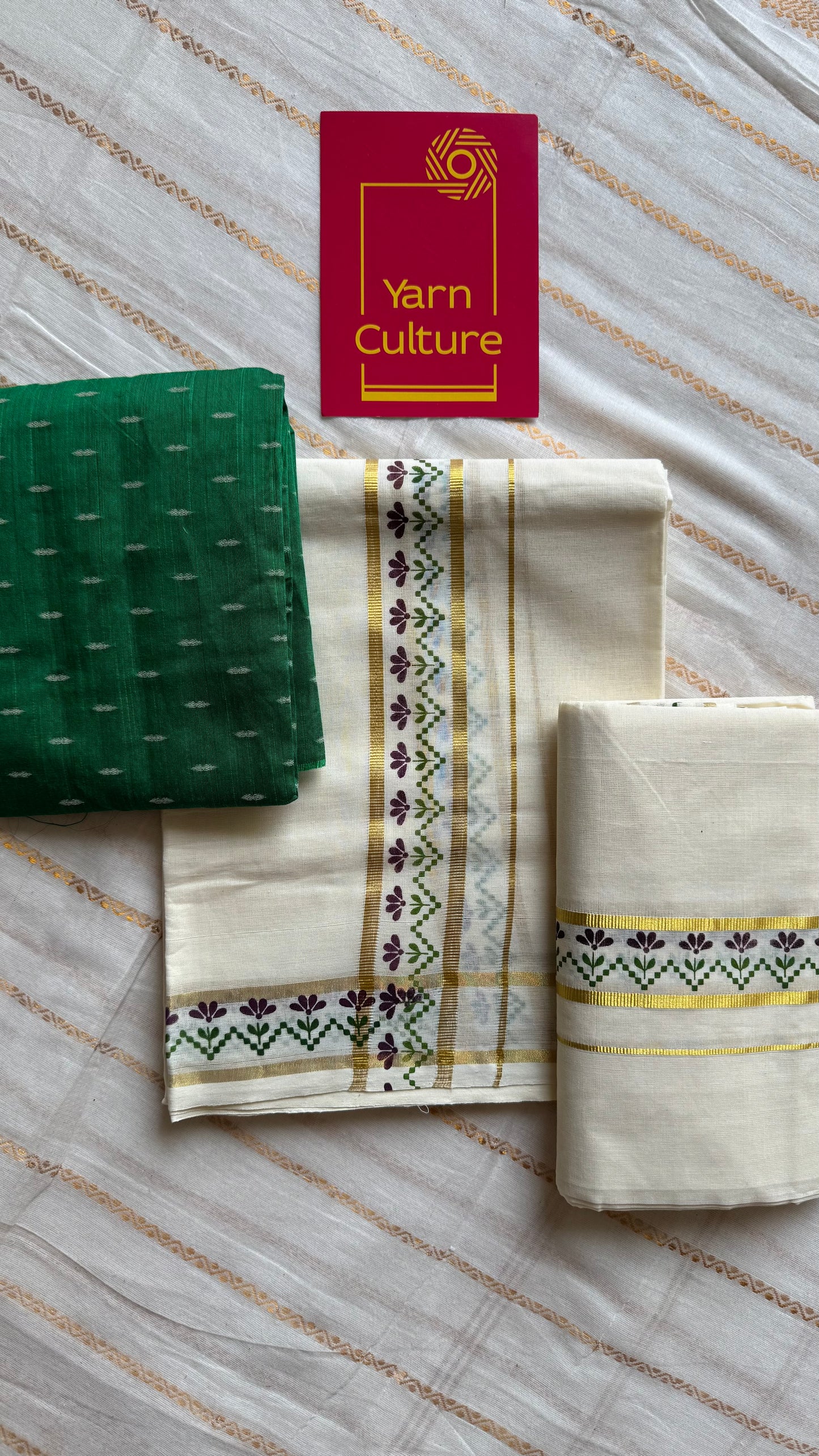 Set mund, purple and green flowers, gold kasavu gap border - YCIEON106