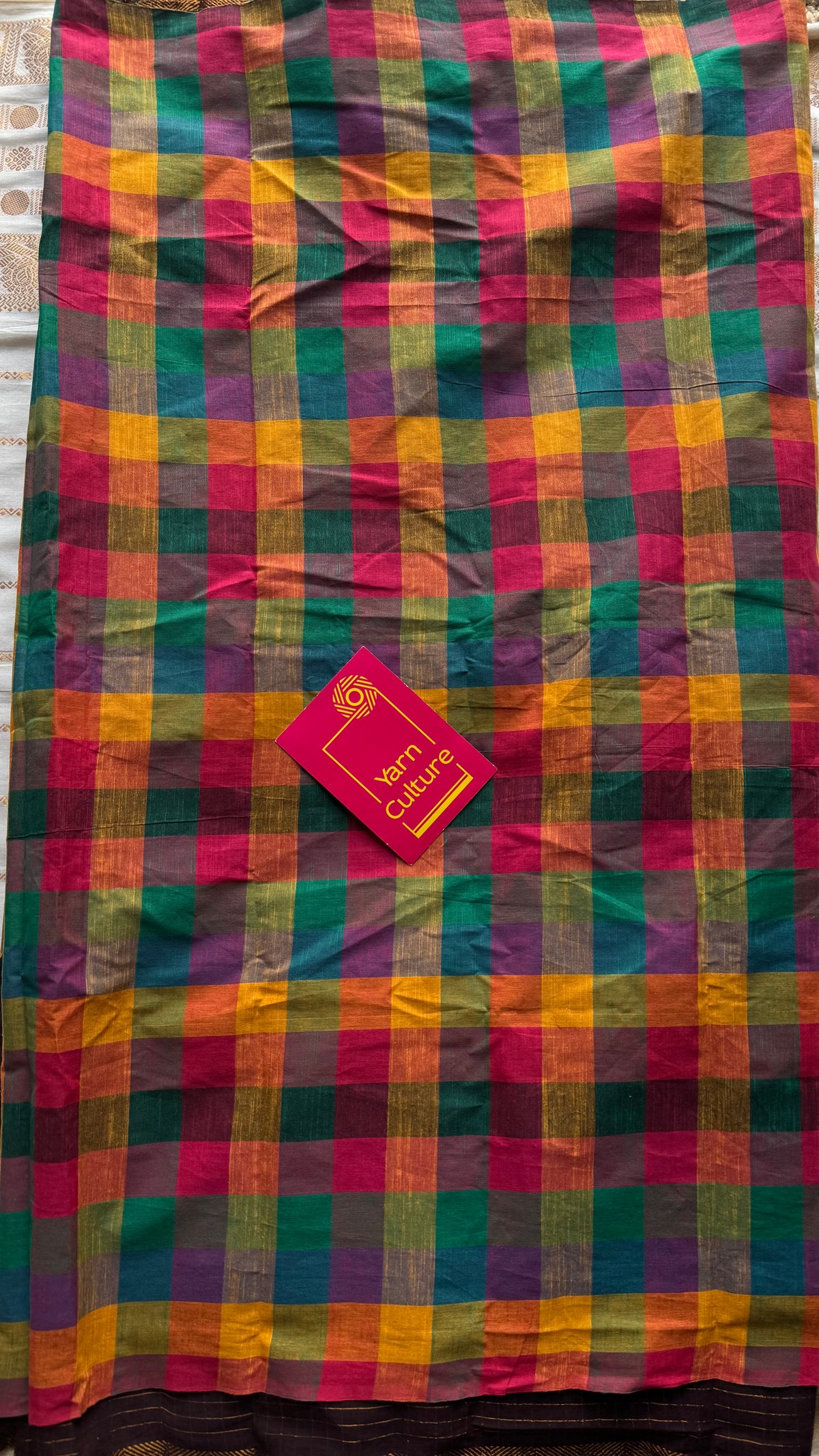Dark brown mini checks with multicoloured madras checks, cotton half and half saree - YCCOTNIDOC165