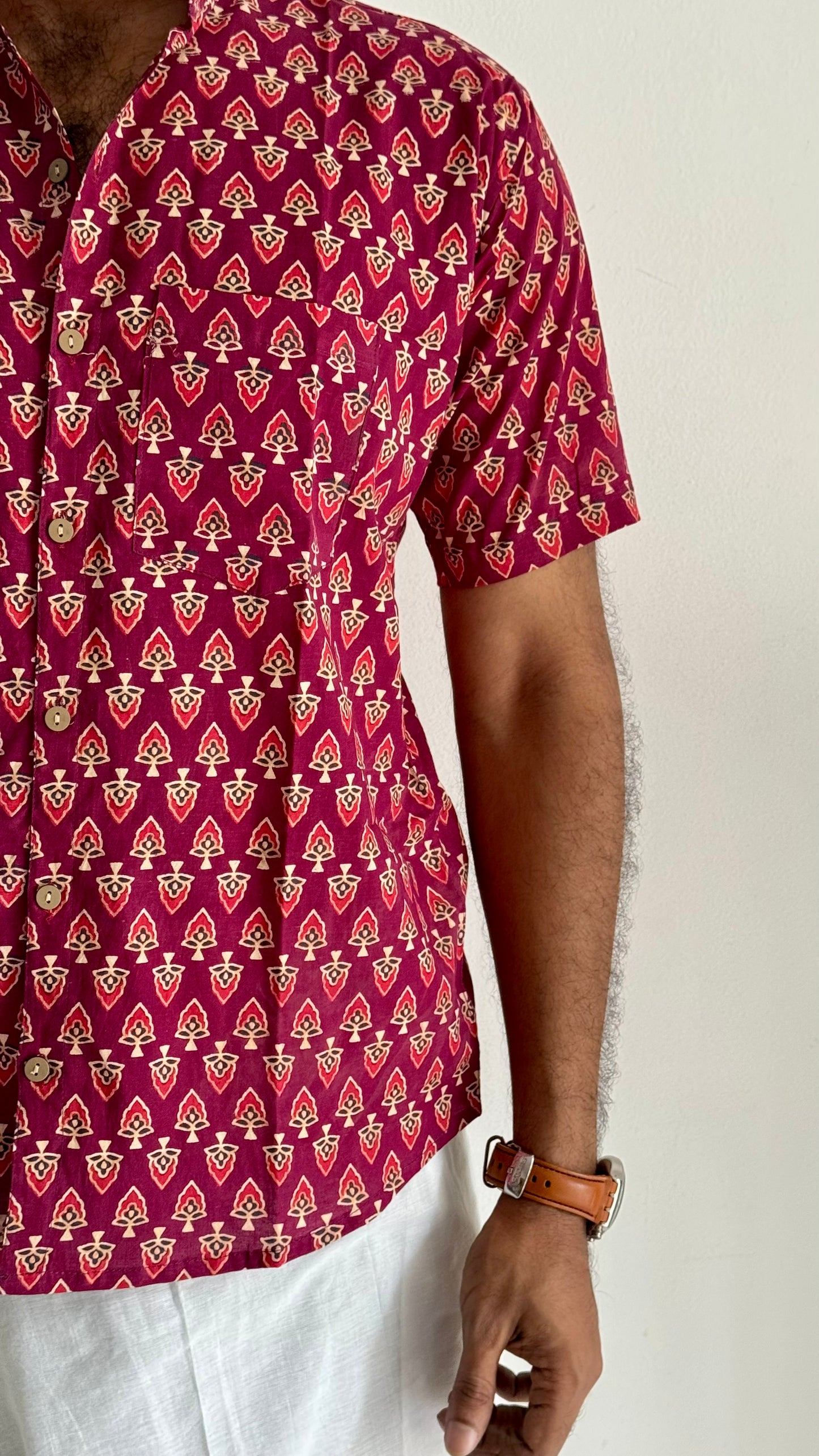Maroon Paisley Motif Block Printed Cotton Men's Half Sleeve Mandarin Collar Kurta Shirt - YCMSEIE188