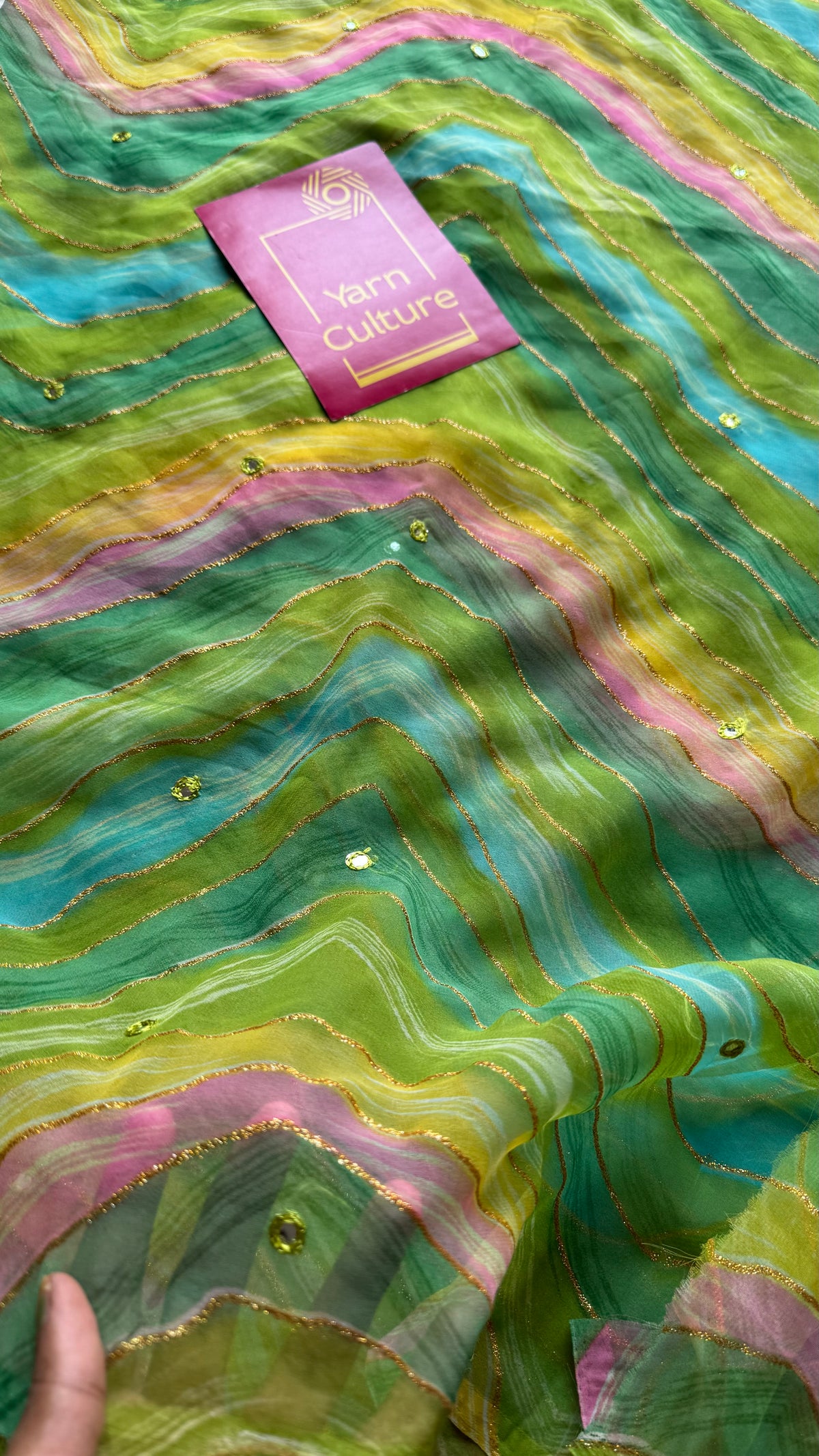 Green multicoloured leheriya chiffon saree with mirror work  - YCTORLOC97