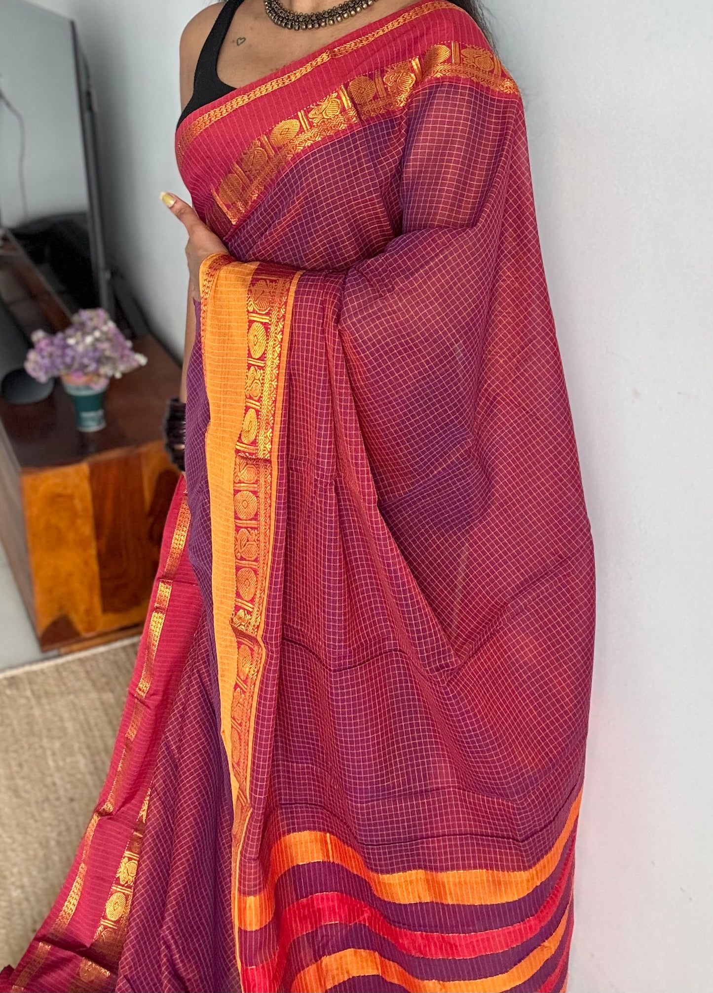 Berry pink checks with red and yellow ganga jamuna borders, premium narayanpet soft cotton - YCWOTDNPJA156
