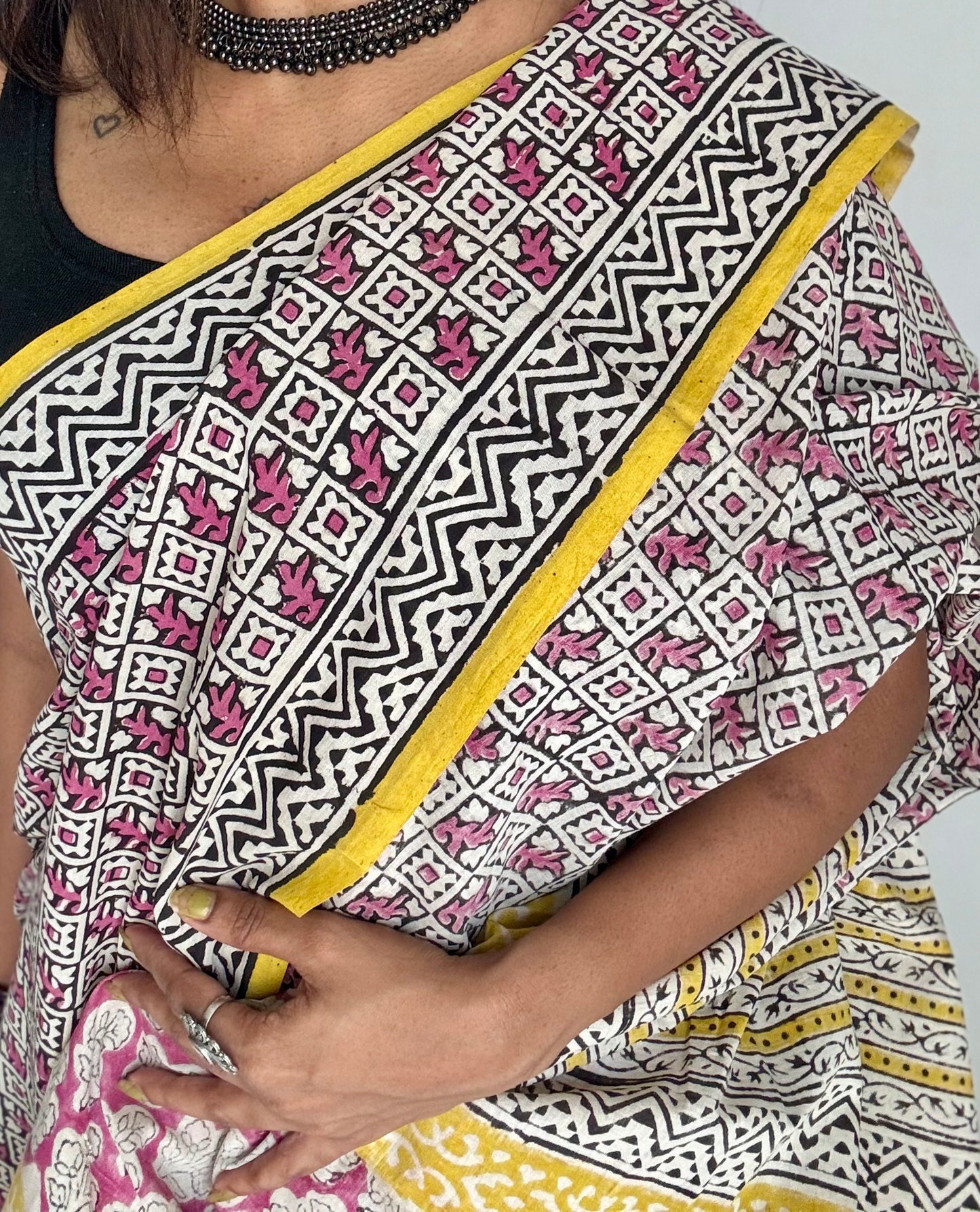 Beige with black and dusty pink checks, yellow border, block printed soft cotton saree - YCTORCMA13
