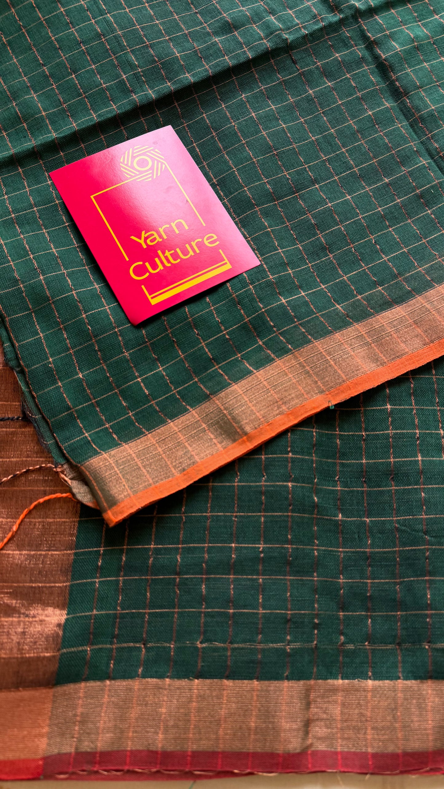Green linen by cotton saree, gold checks & copper zari pallu - YCBCLCAP56b