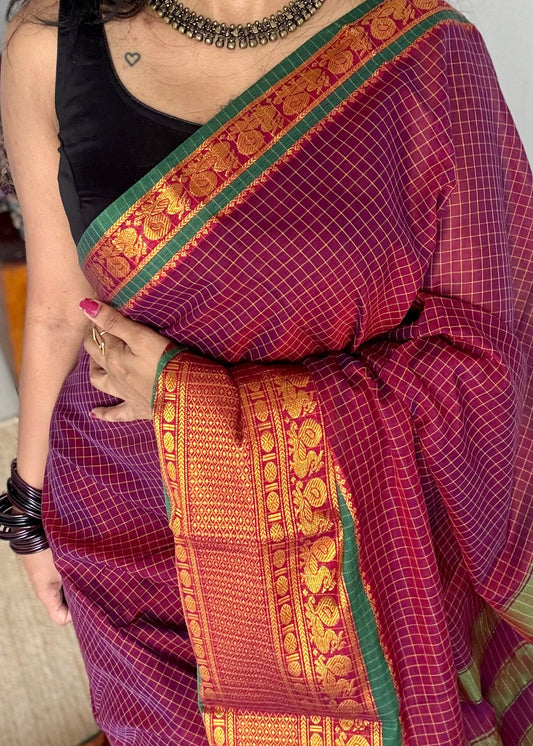 Purple pink (vadamalli) checks with zari border, premium narayanpet, soft cotton - YCWOTDOCNP04