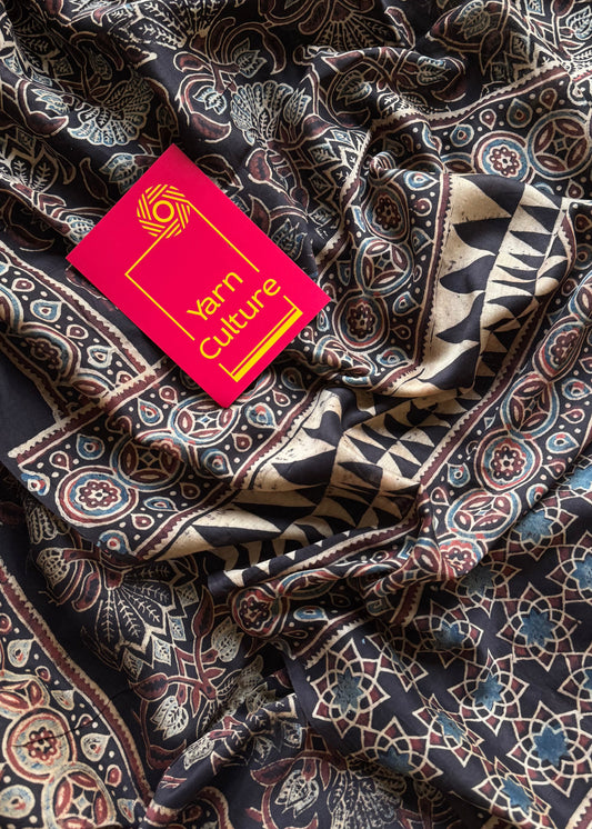 Black chanderi saree with ajrakh handblock print - YCTOKAJC342