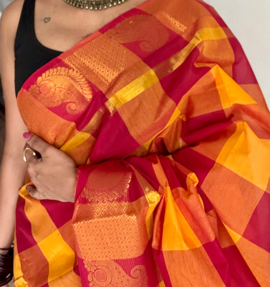 Chettinad cotton saree with yellow and red checks, paisley motif border - YCCOTNAP64