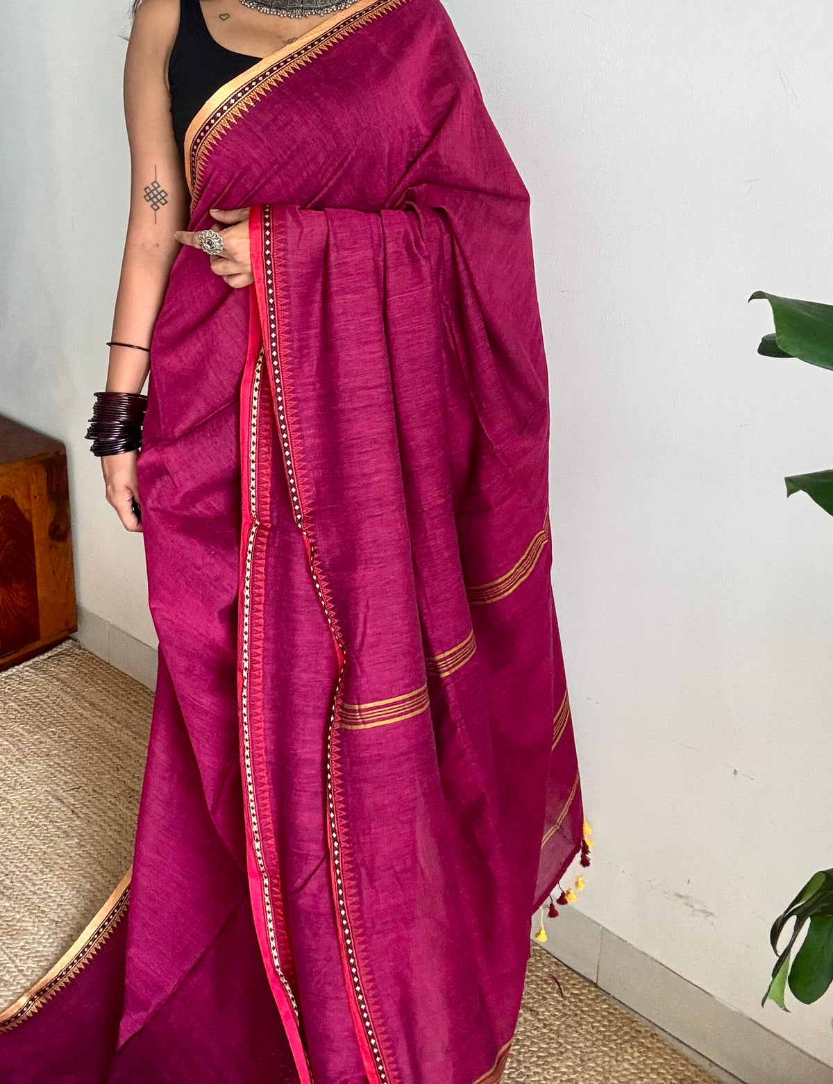 Handloom Bengal soft cotton saree, ruby with cream and red woven dual tone borders - YCBCMCSE43