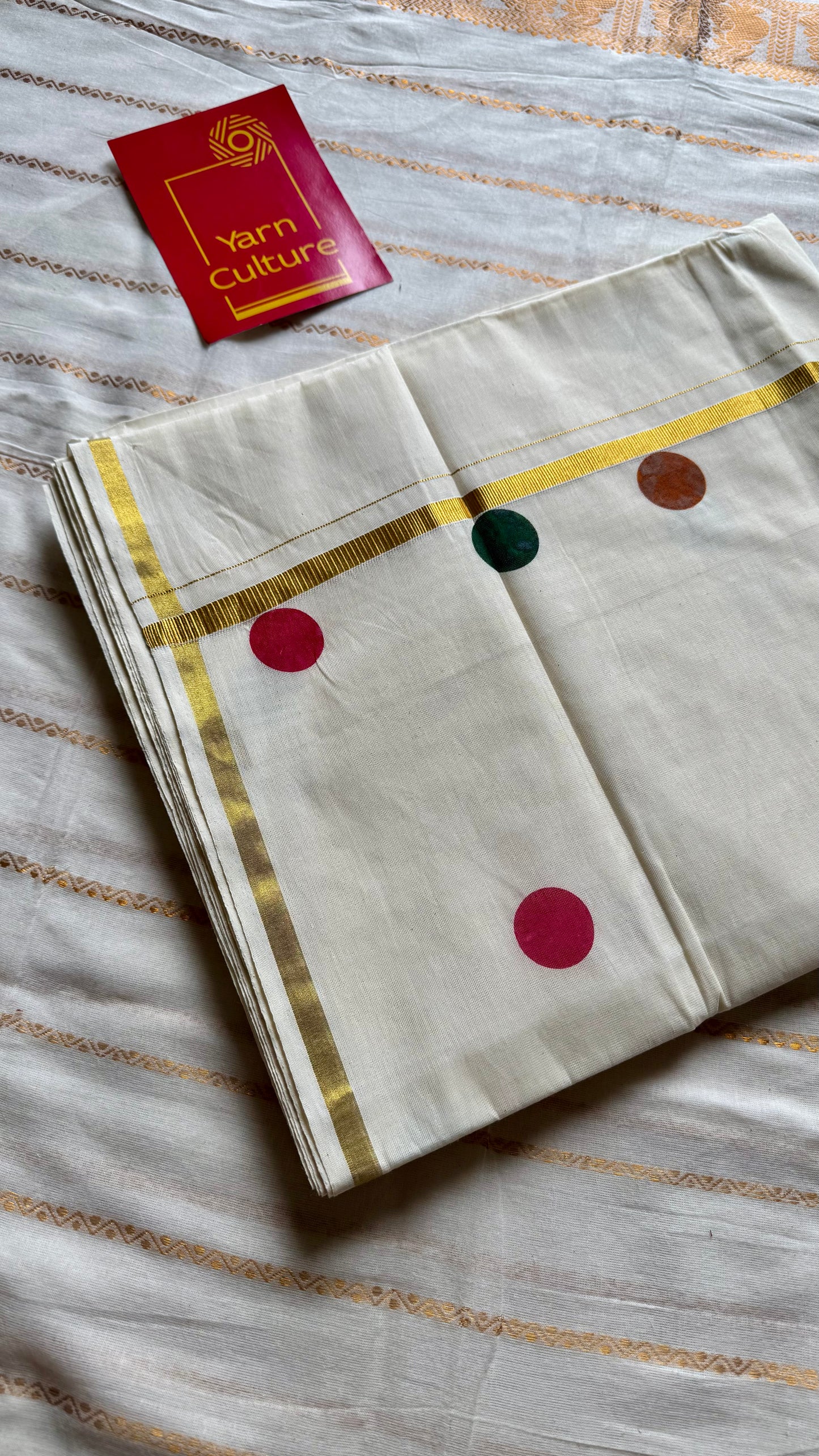 Ivory and gold soft cotton thin border kasavu saree, dark pink, mustard and green polka - YCIEON75