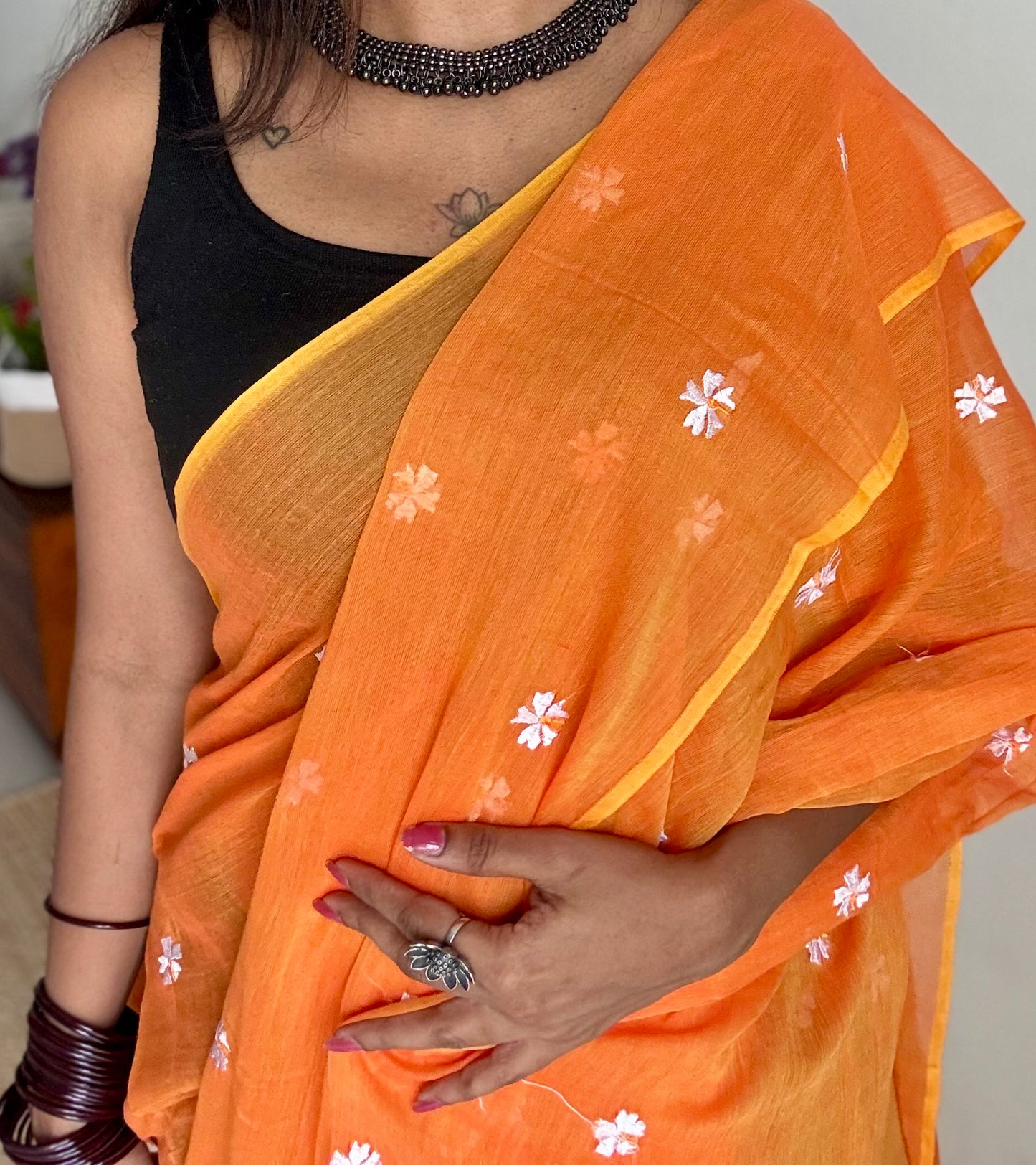 Orange parijat soft mul cotton saree  - YCBCMCAP28