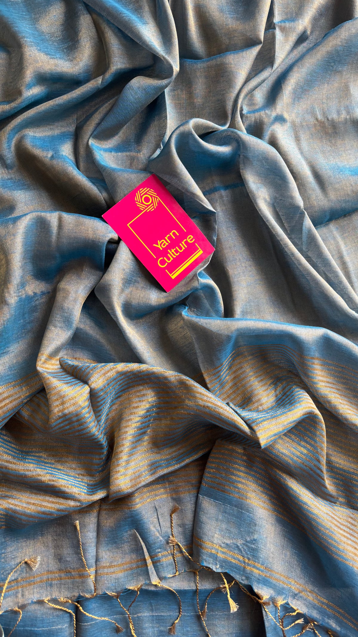 Teal blue with gold, dual tone metallic tissue linen saree - YCBCLTOC59