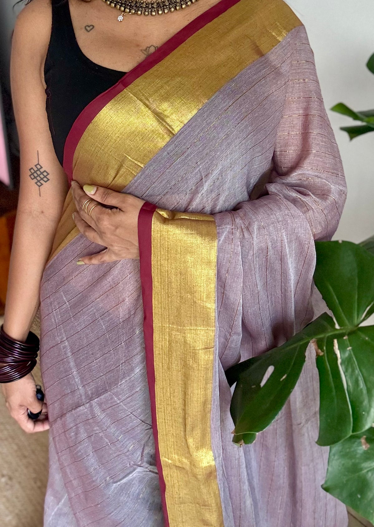 Grey mul cotton saree with zari stripes and maroon highlighted border - YCBCMCSE35