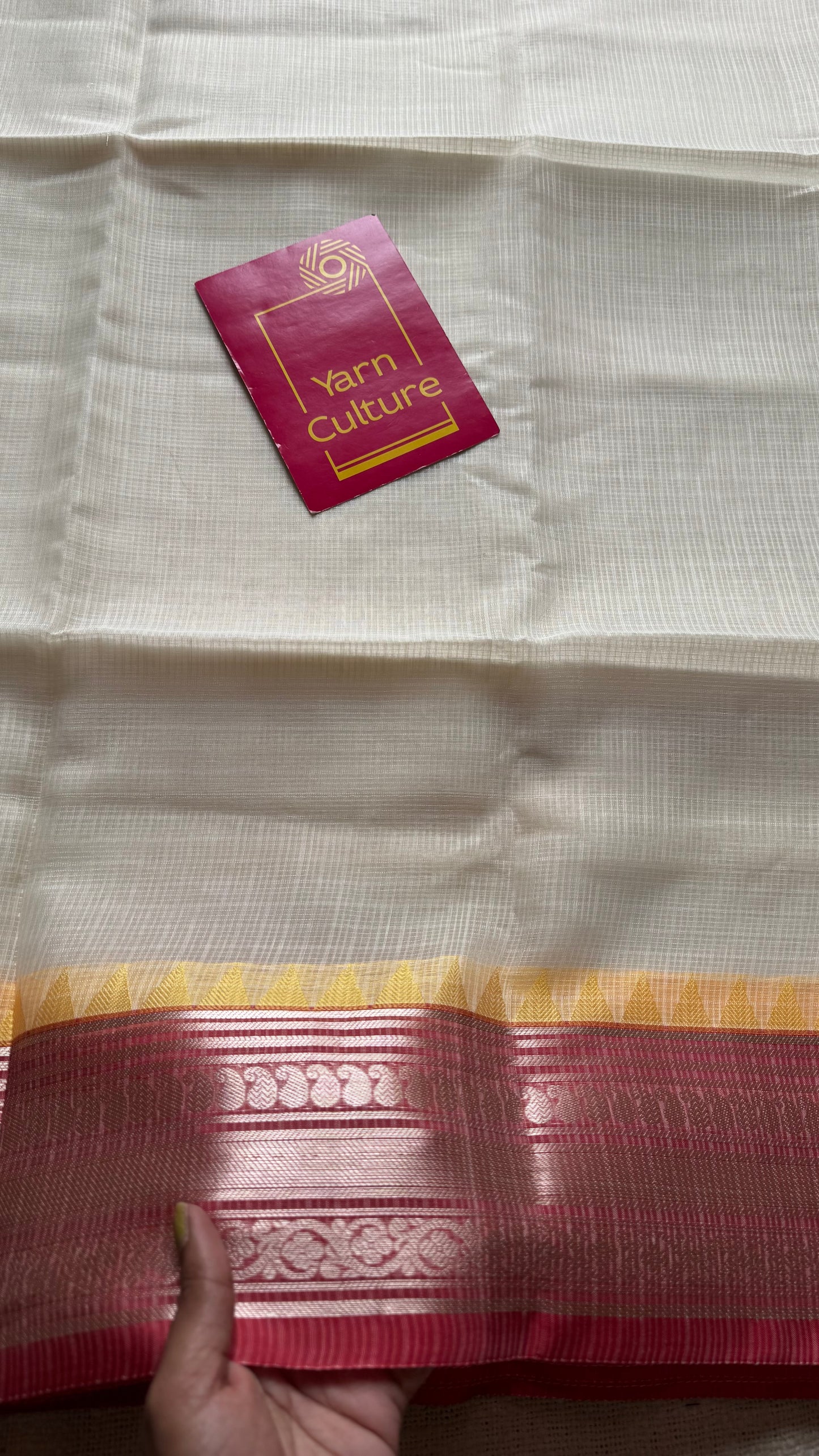 Cream with red and yellow contrast borders, kota doria with zari - YCBCDP14