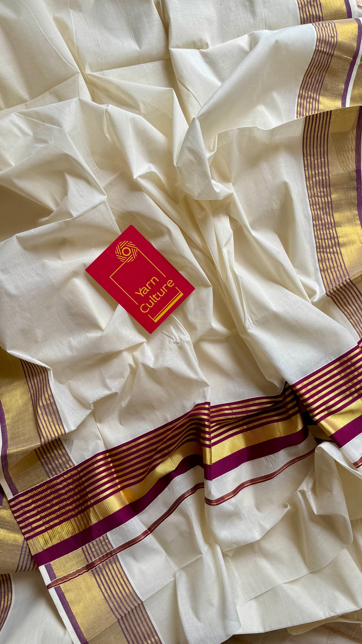 Ivory and gold soft cotton saree, purple border - YCIEON76