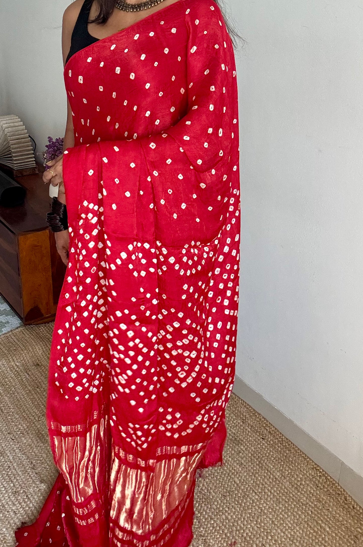 Red, crushed bandhej pure modal silk saree with lagdi patta zari pallu - YCTOKBM335