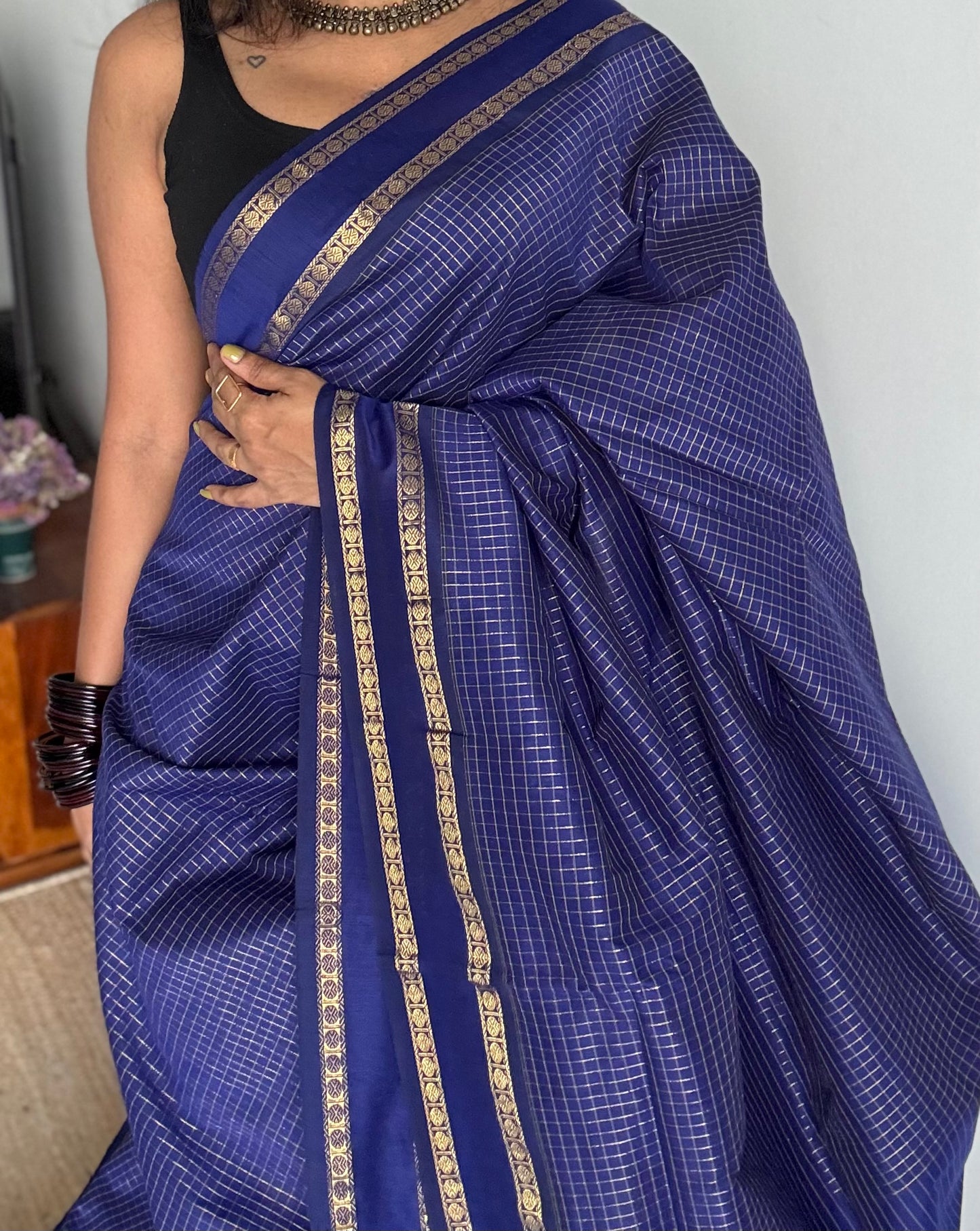 Royal blue, arani zari checks saree, cotton silk - YCCOTNARFE49