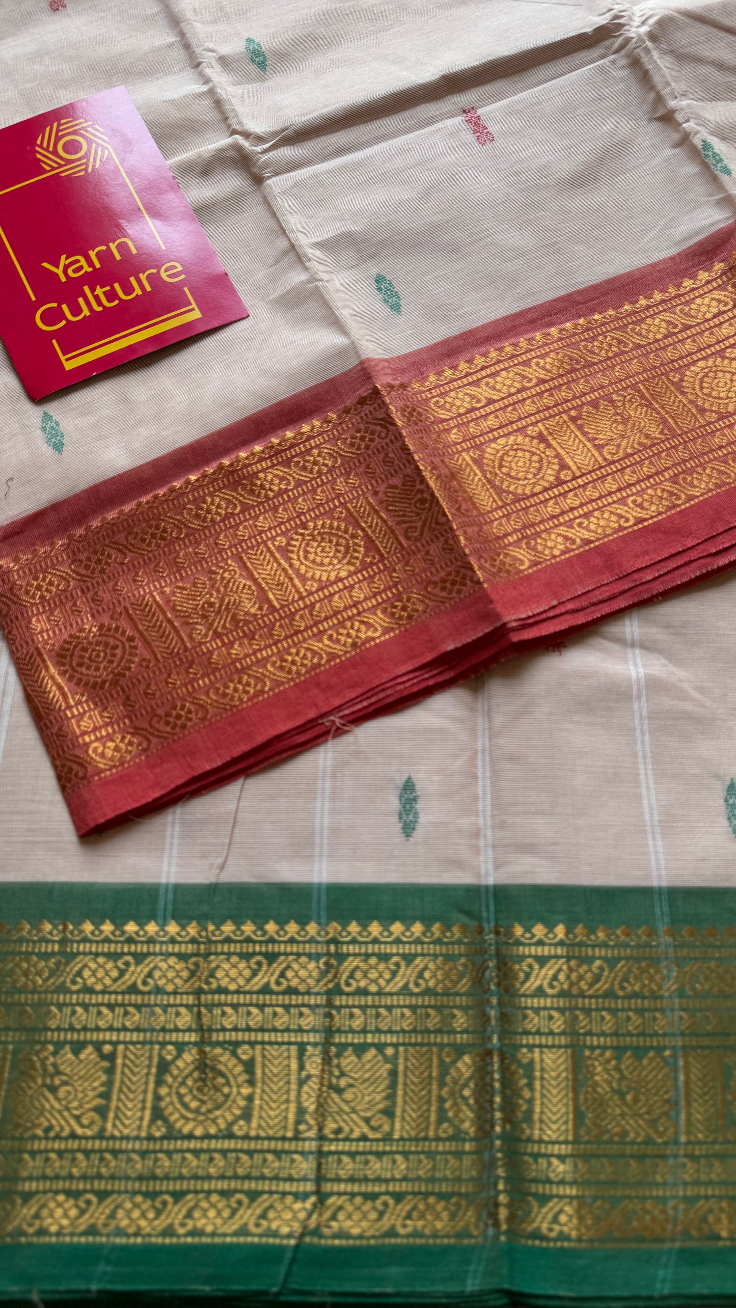 Beige with green pink and coral red contrast, kanchi cotton saree - YCCOTNMA327