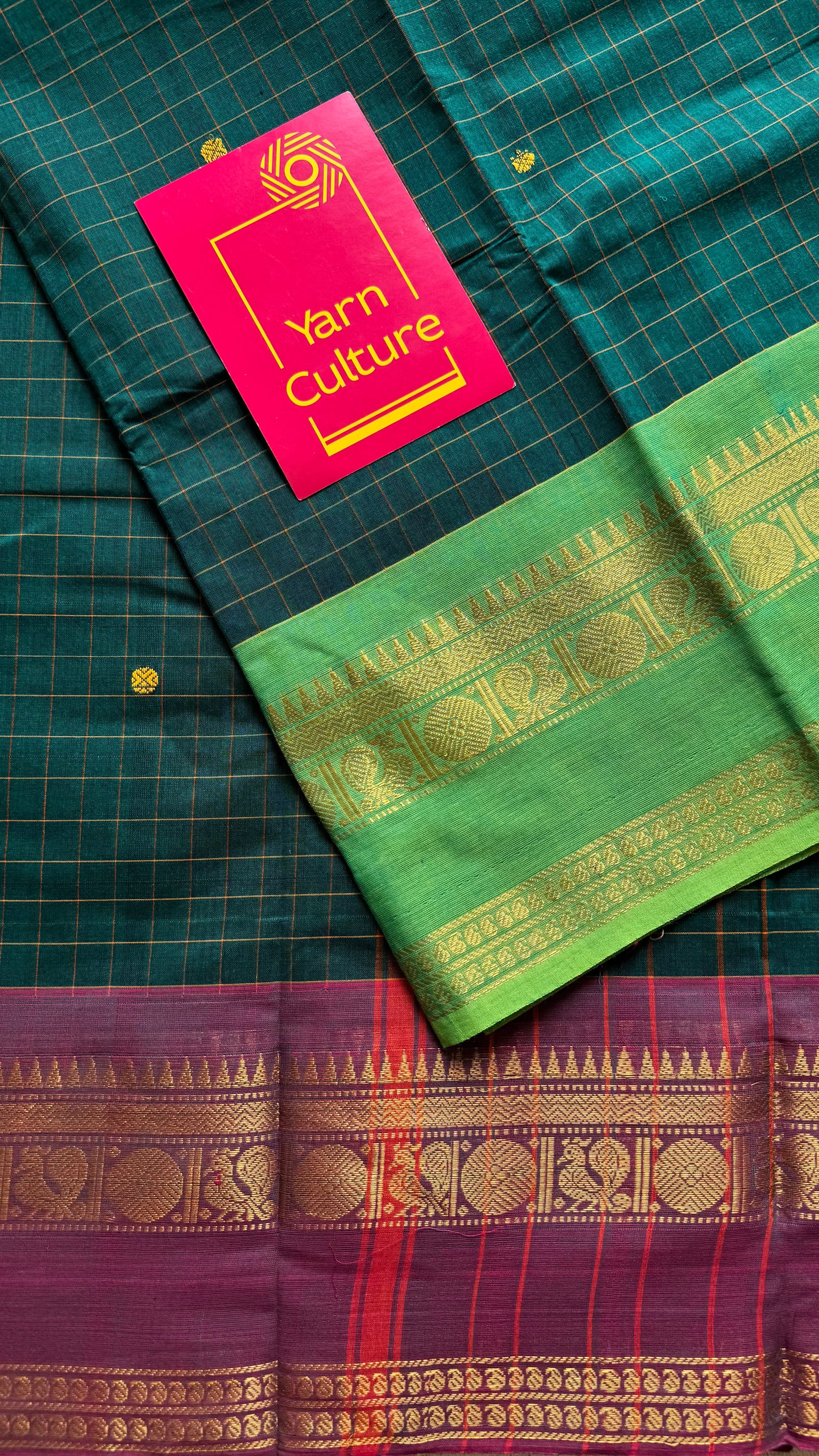 Kanchi cotton saree, green checks with wine and bright green dual toned border - YCCOTNAP76
