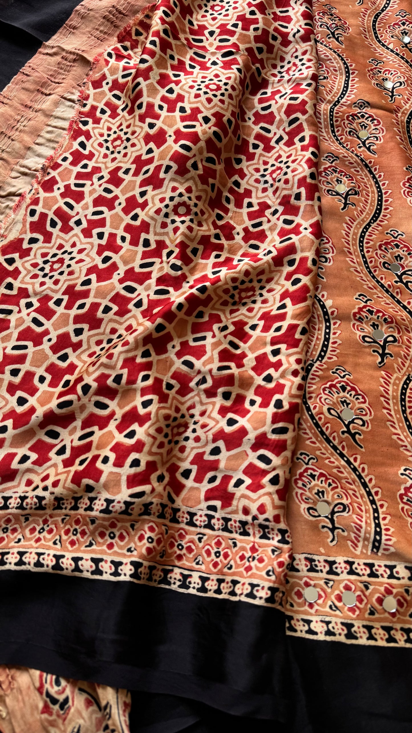 Light clay brown pure modal silk saree with ajrakh handblock print and mirror work, gold zari pallu - YCTOKAJM341