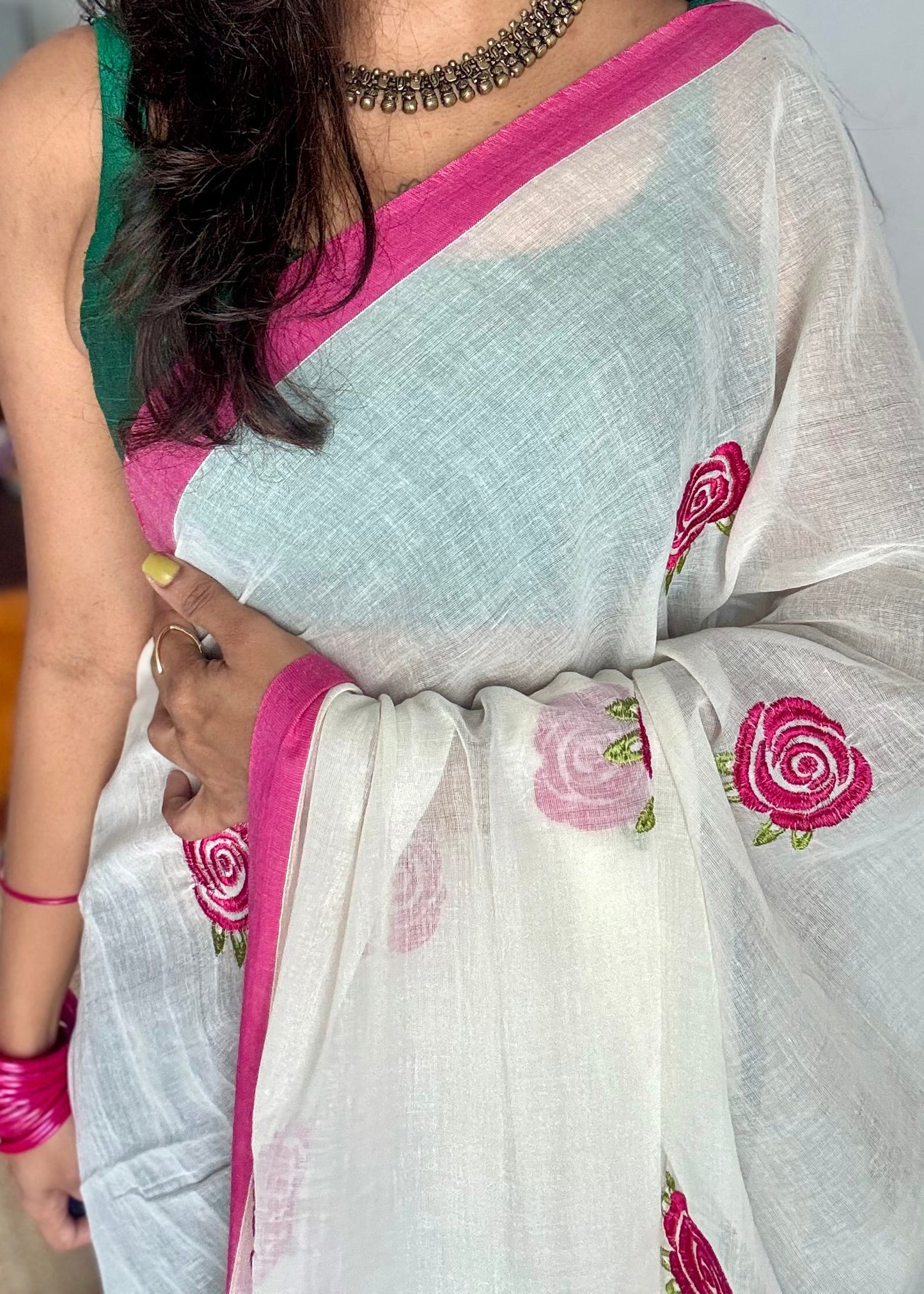 Cream mul with dark pink rose thread embroidery - YCBCMCNO74