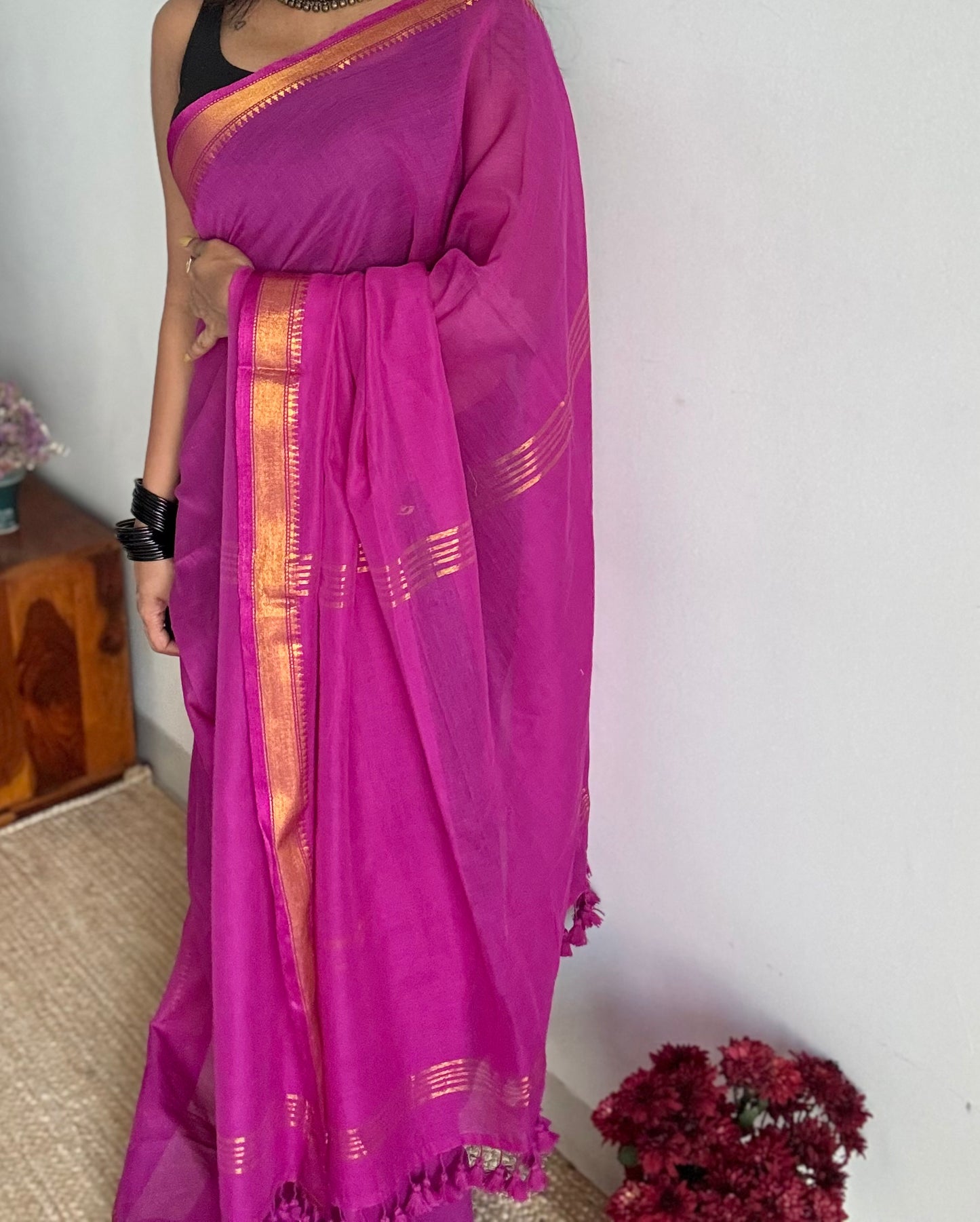 Purple pink soft cotton with maheswari gold zari border - YCBCMCFE214