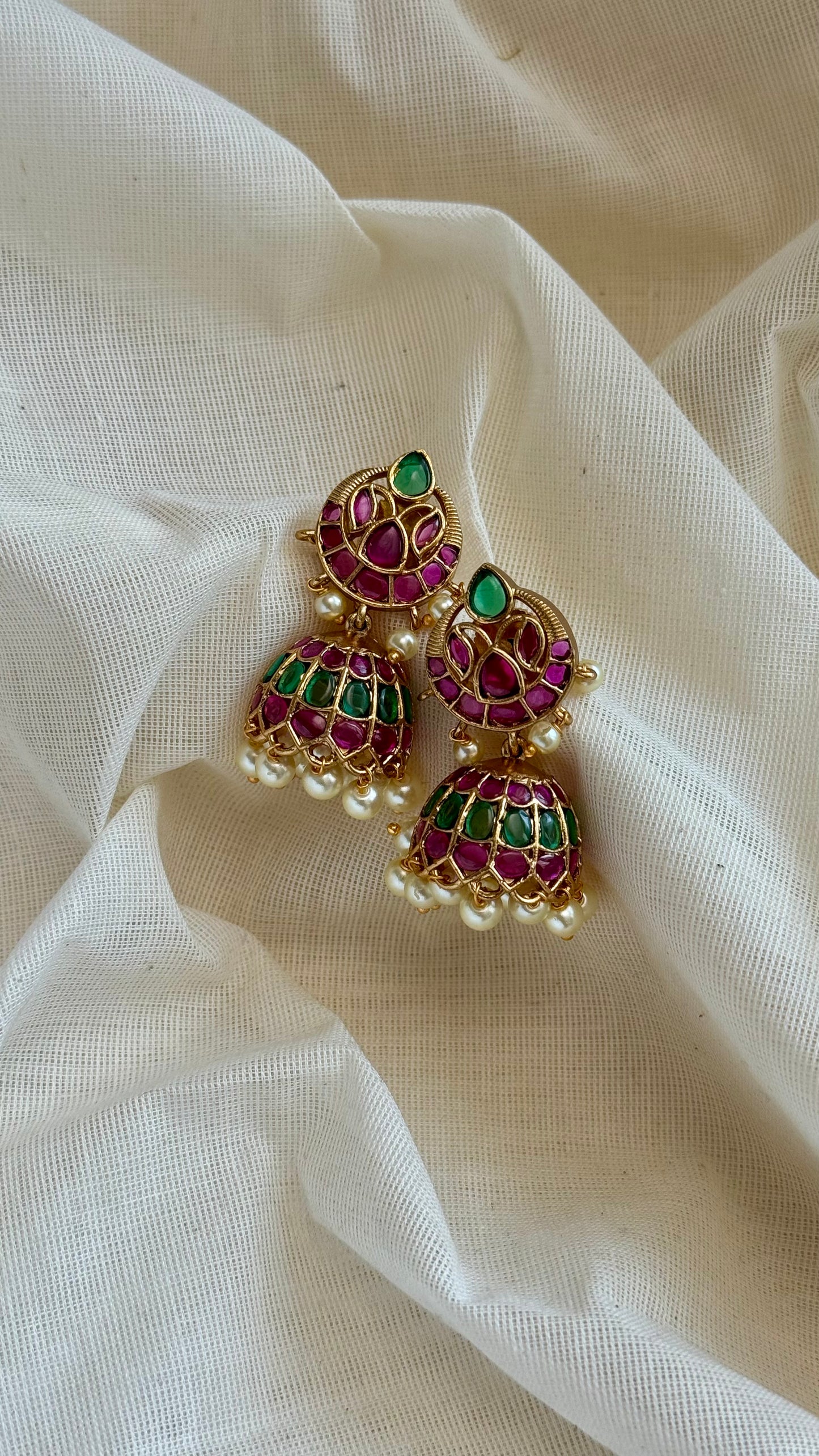 Ruby green white stone and pearls jhumka 2 - YCGPER826