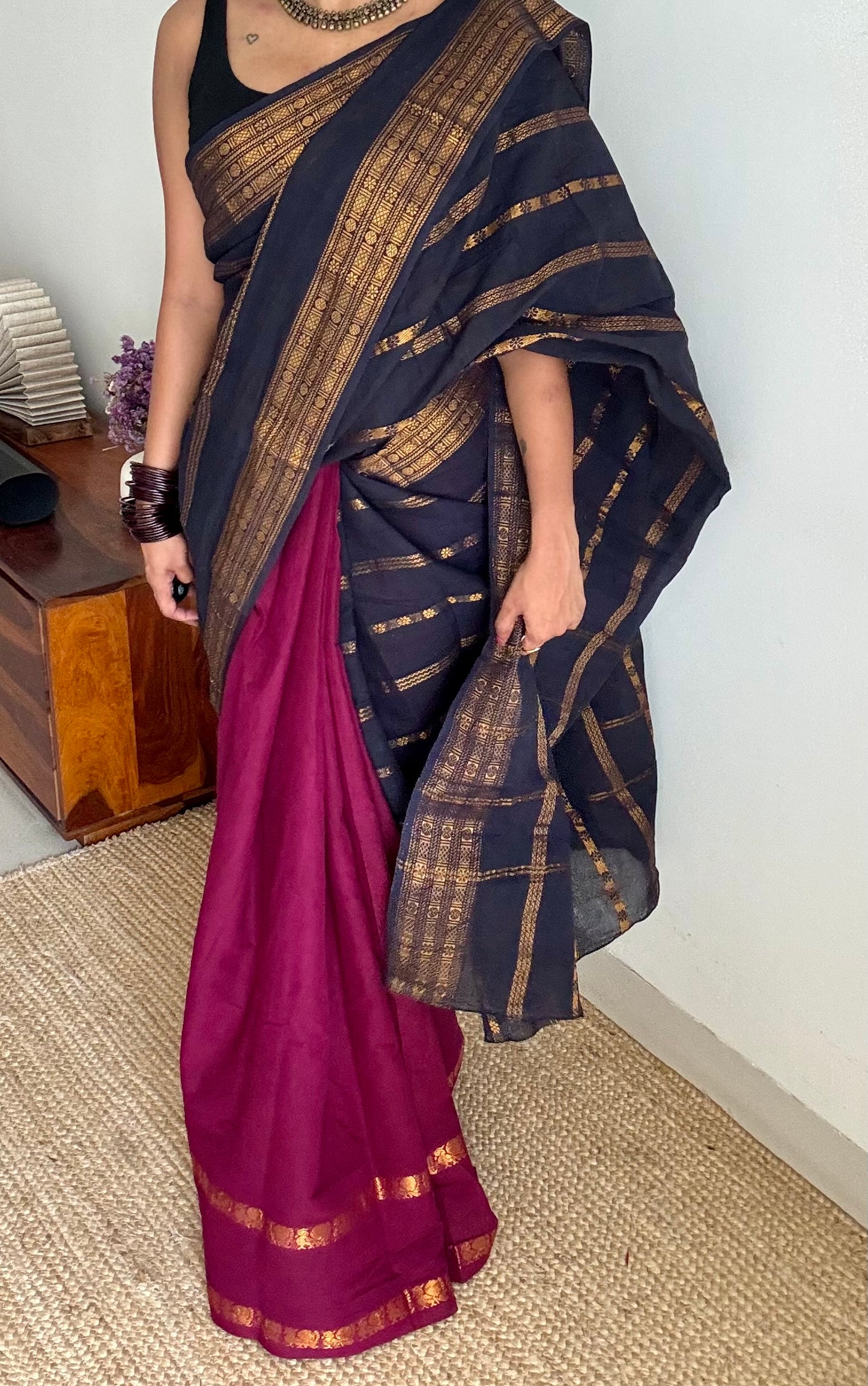 Black and dark vadamalli (purple pink), sungudi cotton half-half saree - YCCOTNIDMA296