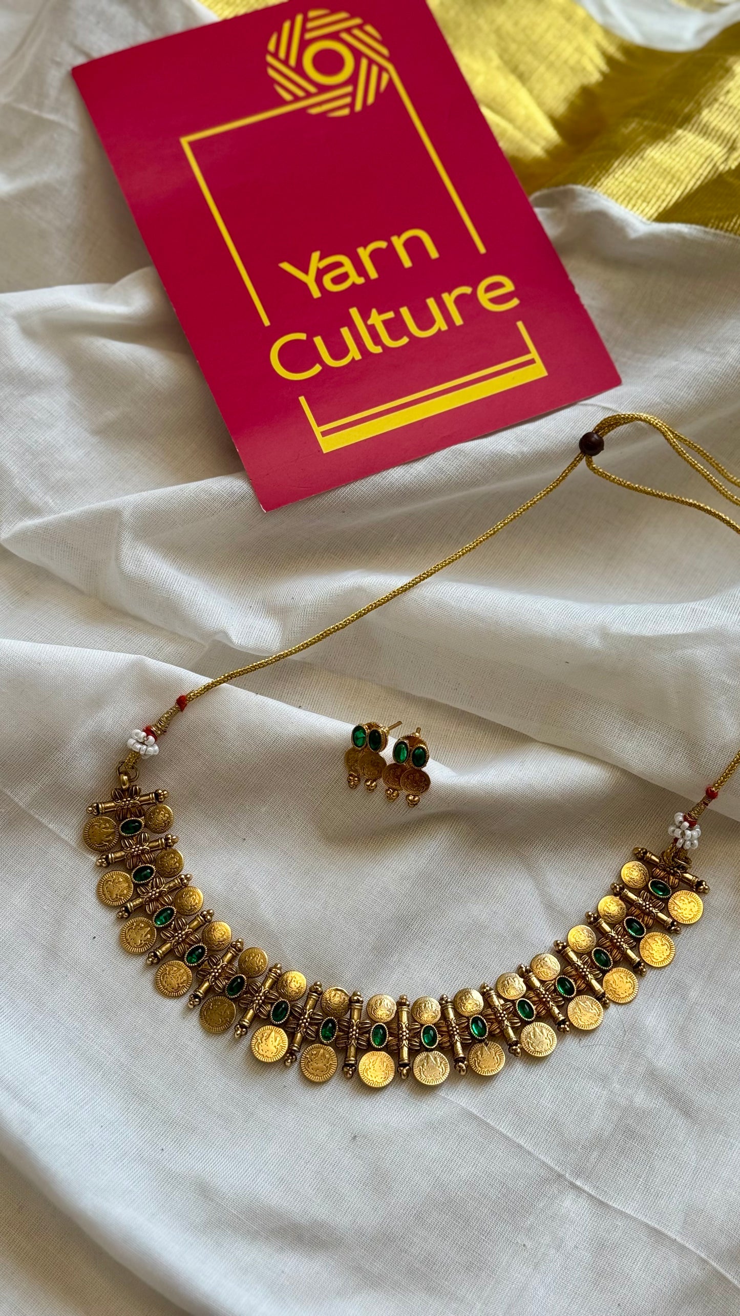 Coin necklace with green stones, with earrings - YCGPNP609