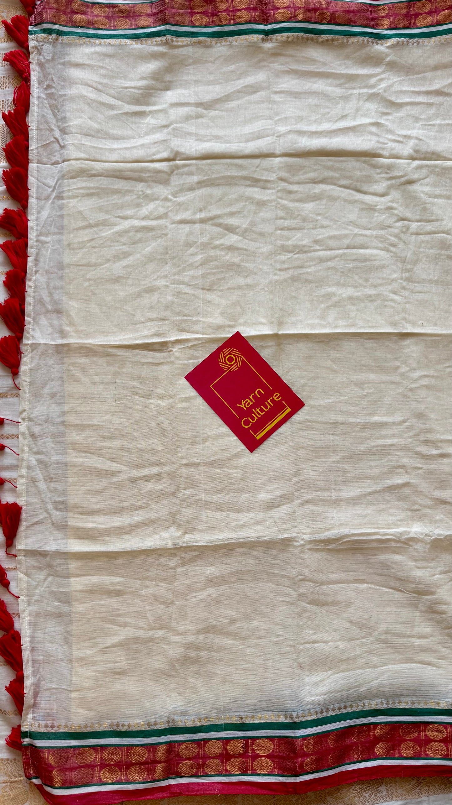 Ivory mul saree, muted red and green kanchi border  - YCIEON24