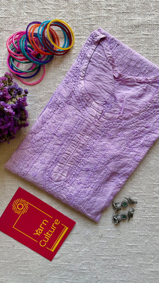 Lilac chanderi chikankari with ghas patti panel work, stitched kurta, round neck, three fourth sleeves - YCSECK50