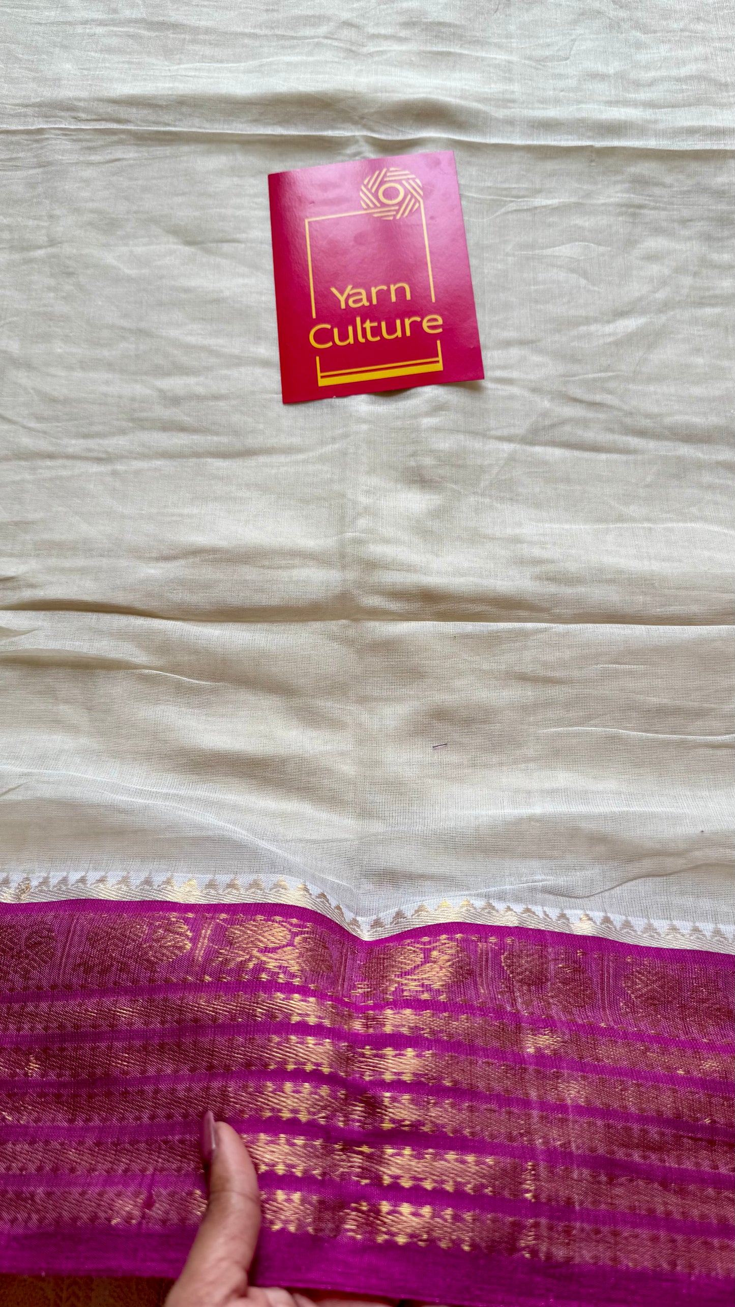 Ivory mul saree, purple pink kanchi border - YCIEON17