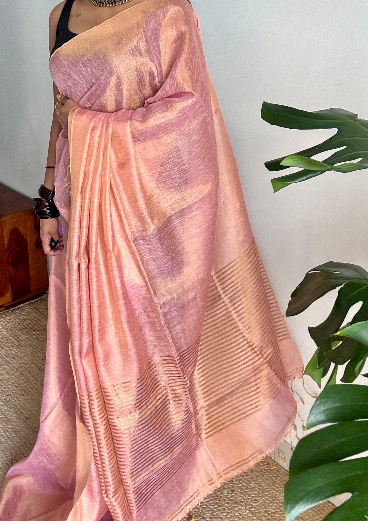 Baby pink with gold, dual tone metallic tissue linen saree - YCBCLTOC53