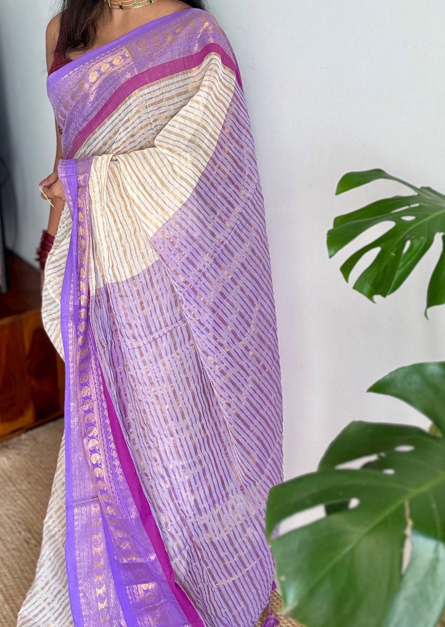 Ivory mul saree, purple and gold - YCIEON33