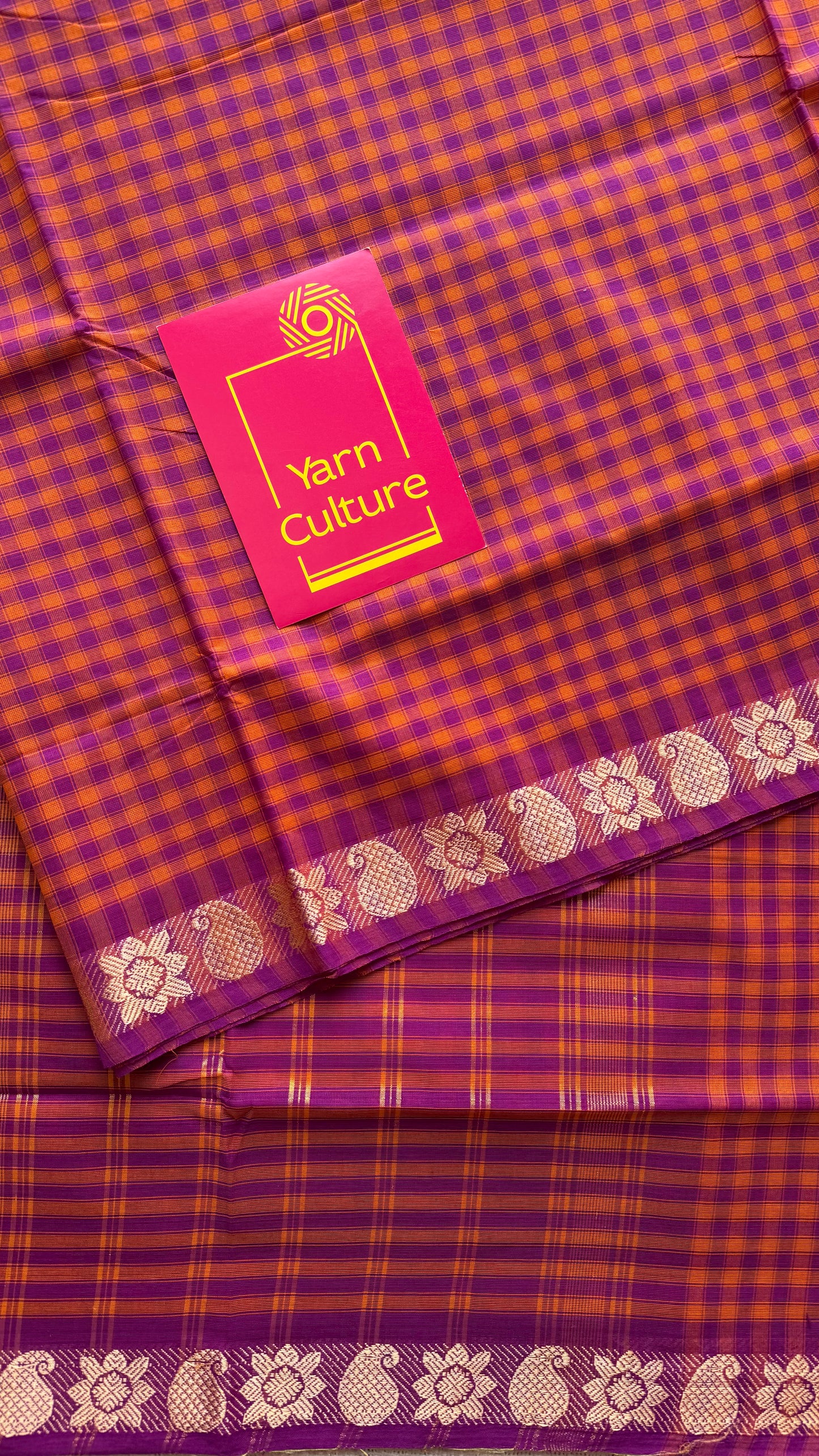 Magenta Chettinad cotton saree with orange checks - YCCOTNCCFE146