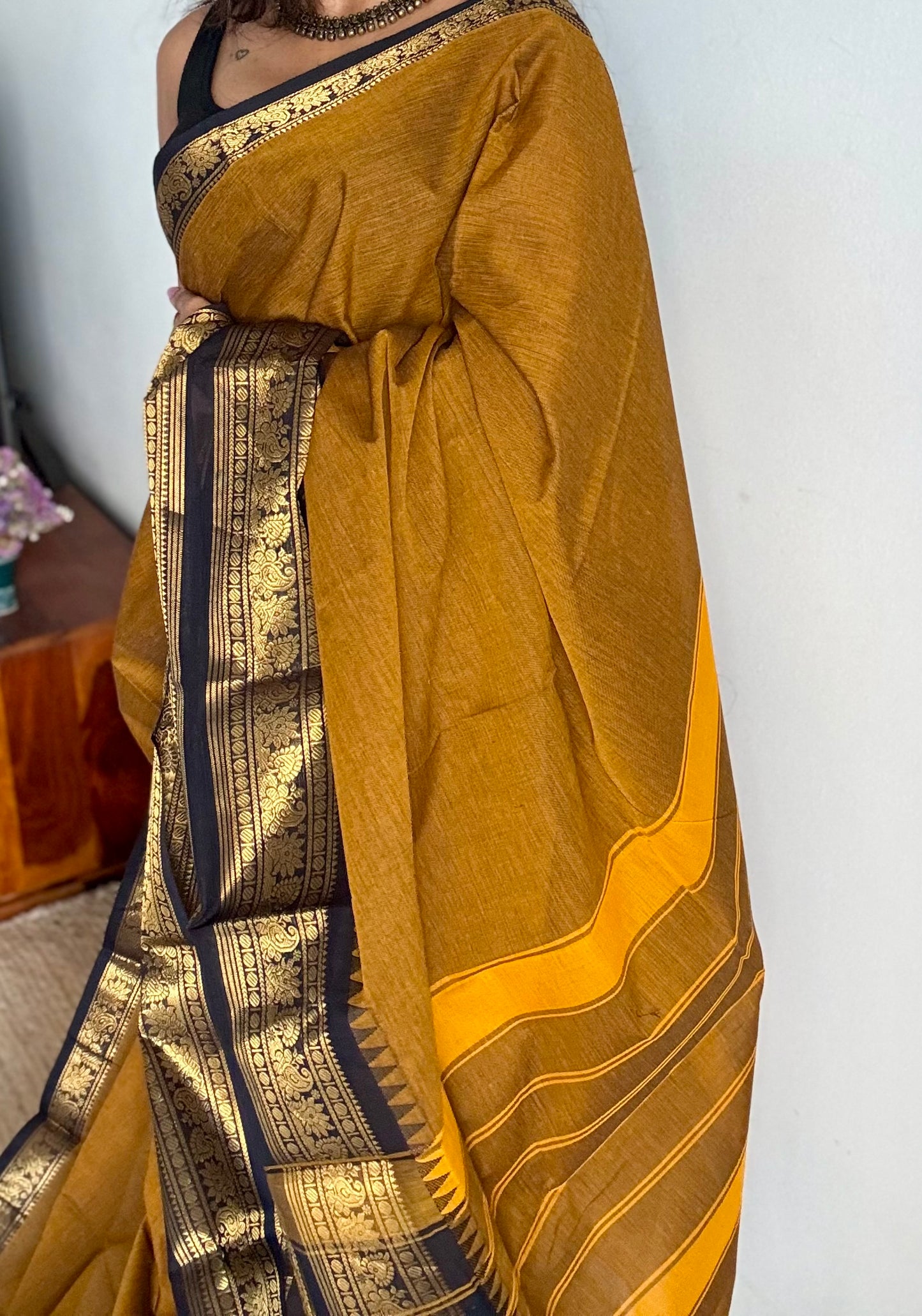 Mustard yellow with black, wide zari border, kanchi cotton - YCCOTNKCJA212