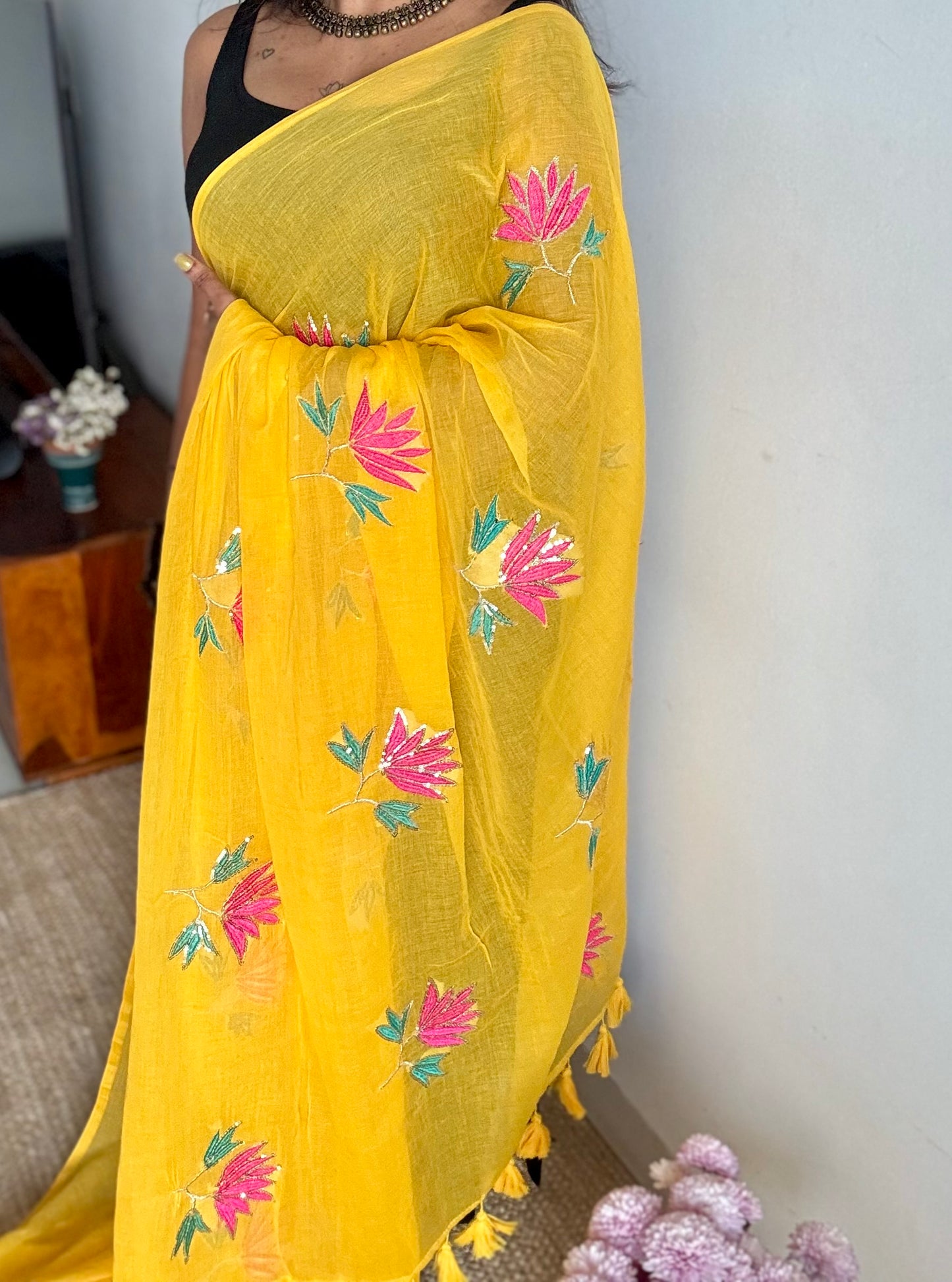 Yellow mul with lotus sequin embroidery - YCBCMCDE16