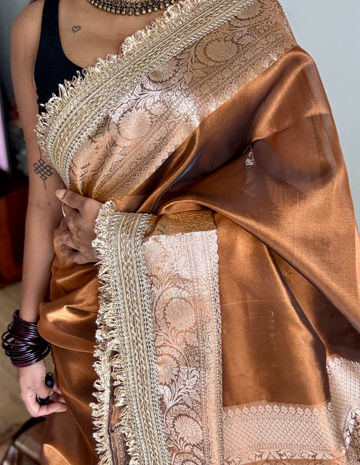 Brown tissue Banarasi saree with embellished gold lace border - YCBLTOC80