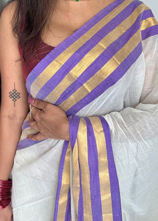 Ivory mul saree, purple striped border - YCIEON40