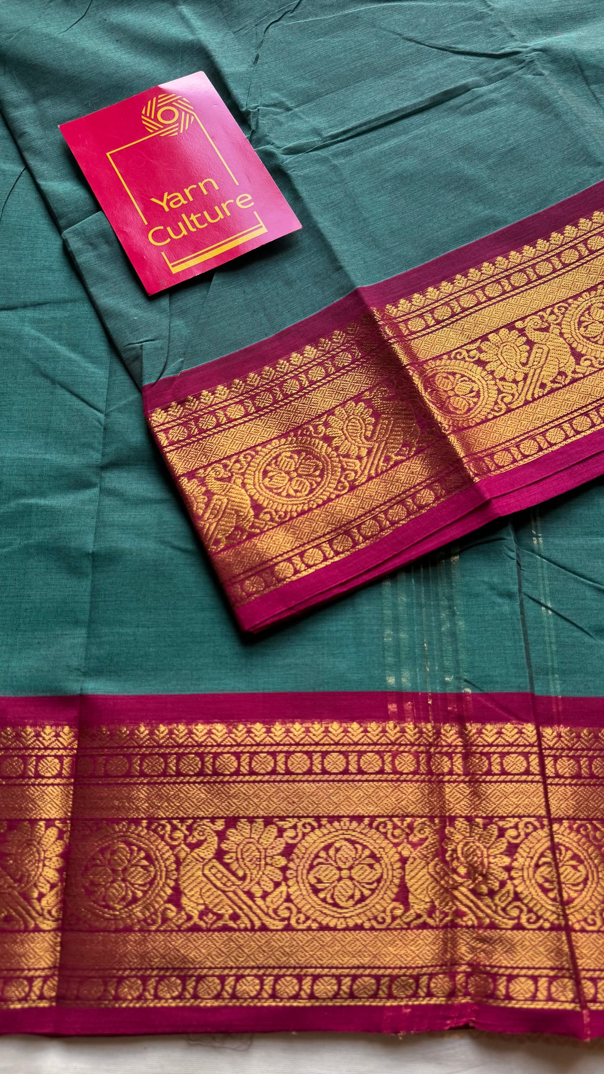 Jade green with ruby pink zari border chettinad cotton saree - YCCOTNCKSE14