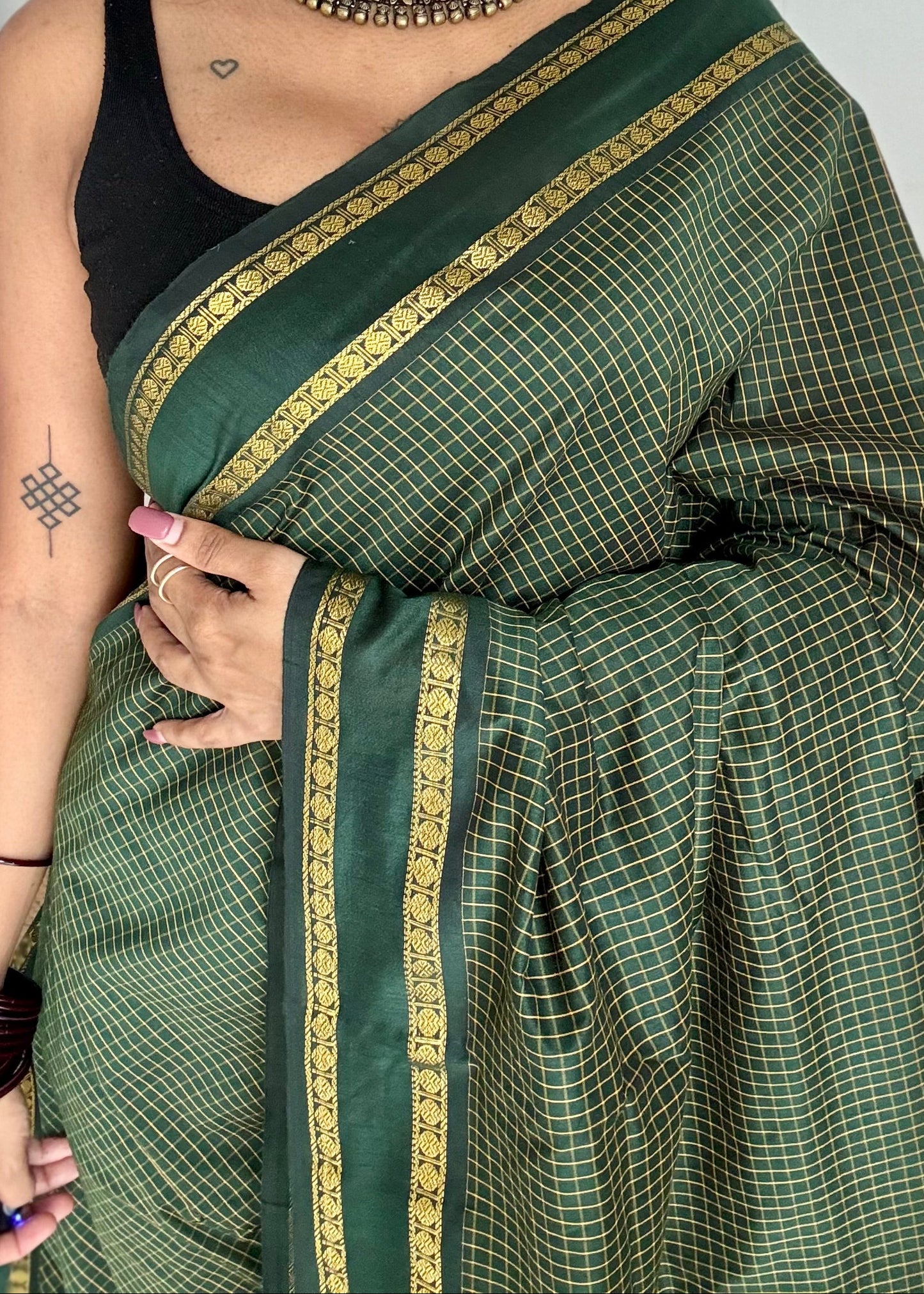 Dark green, arani checks saree, cotton silk - YCCOTNAUG18
